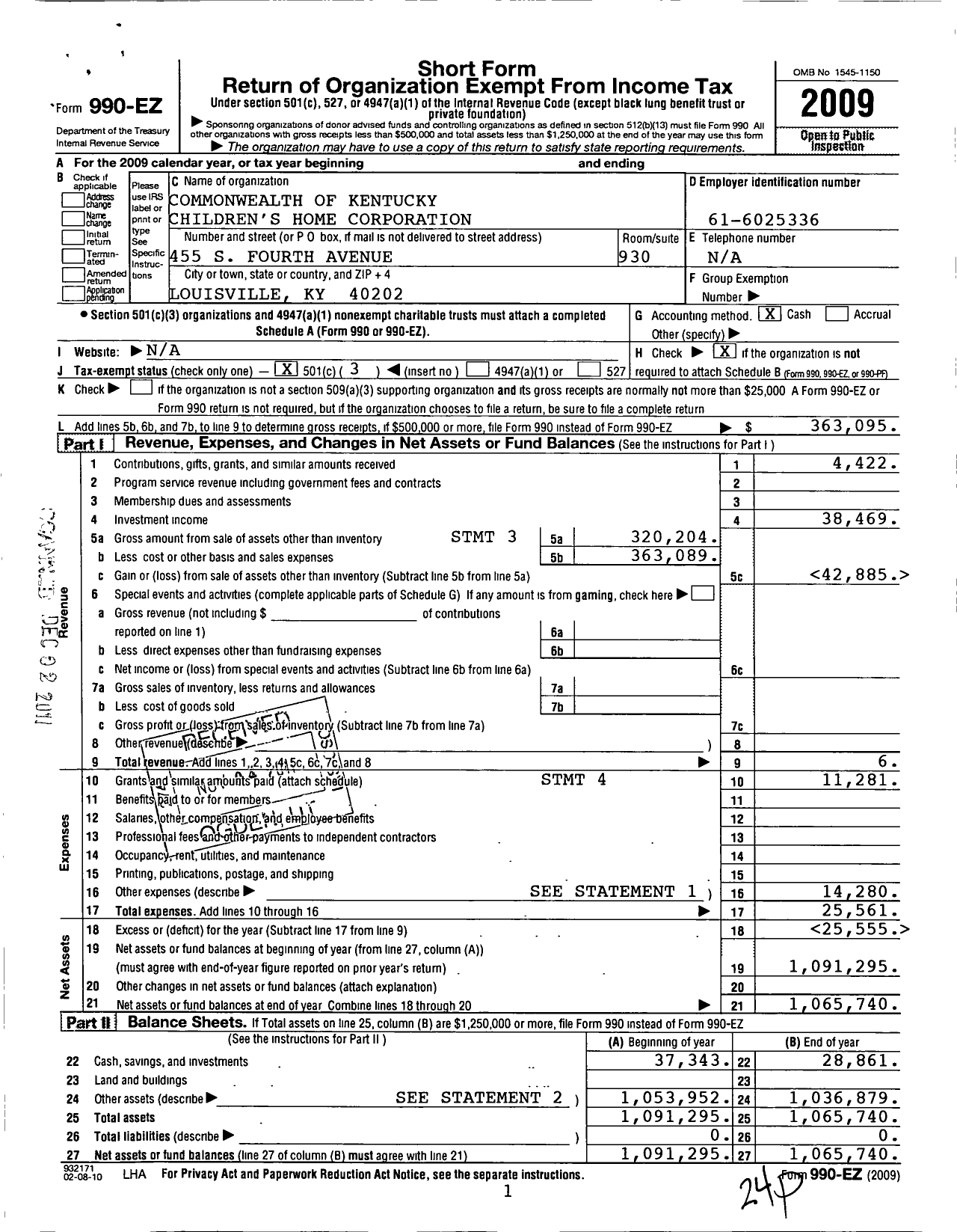 Image of first page of 2009 Form 990EZ for Commonwealth of Kentucky Children's Home Corporation