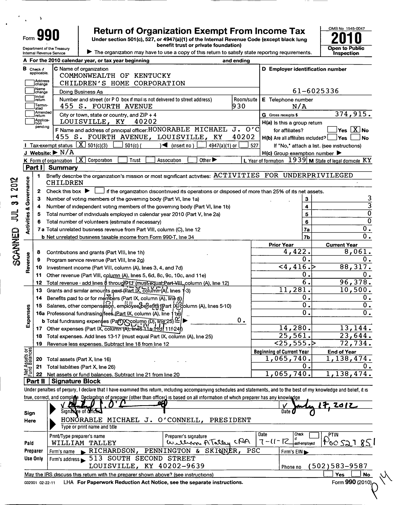 Image of first page of 2010 Form 990 for Commonwealth of Kentucky Children's Home Corporation