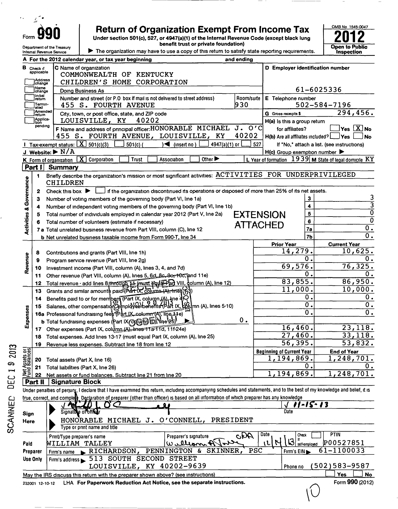 Image of first page of 2012 Form 990 for Commonwealth of Kentucky Children's Home Corporation