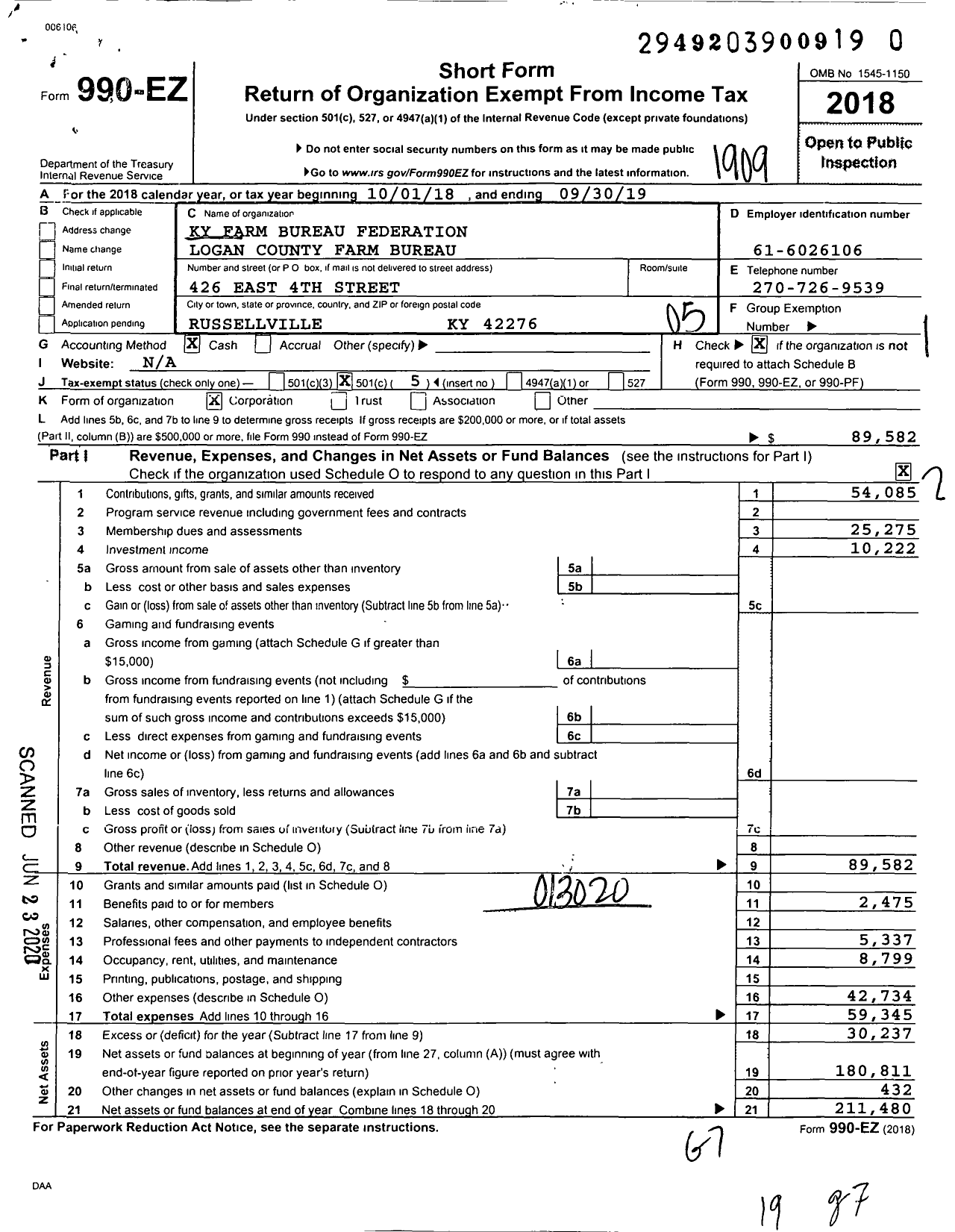 Image of first page of 2018 Form 990EO for Kentucky Farm Bureau Federation - Logan County Farm Bureau