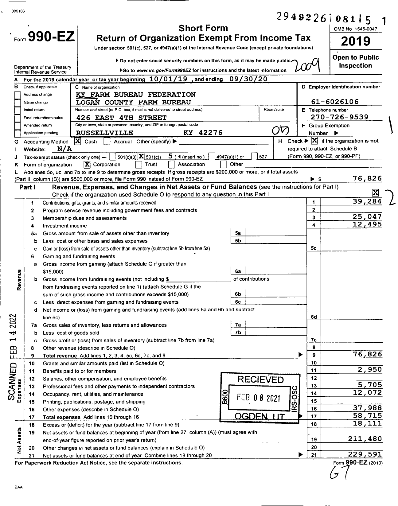 Image of first page of 2019 Form 990EO for Kentucky Farm Bureau Federation - Logan County Farm Bureau