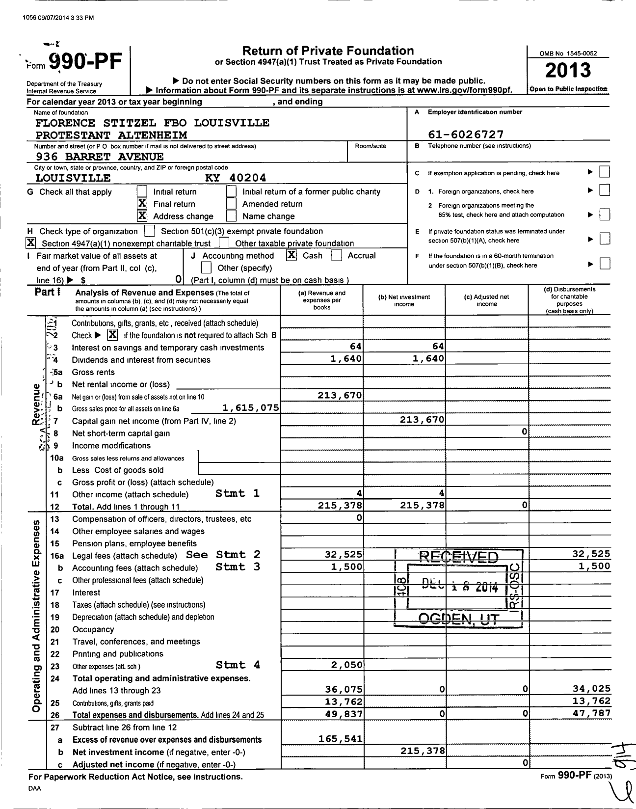 Image of first page of 2013 Form 990PF for Florence Stitzel Fbo Louisville Protestant Altenheim