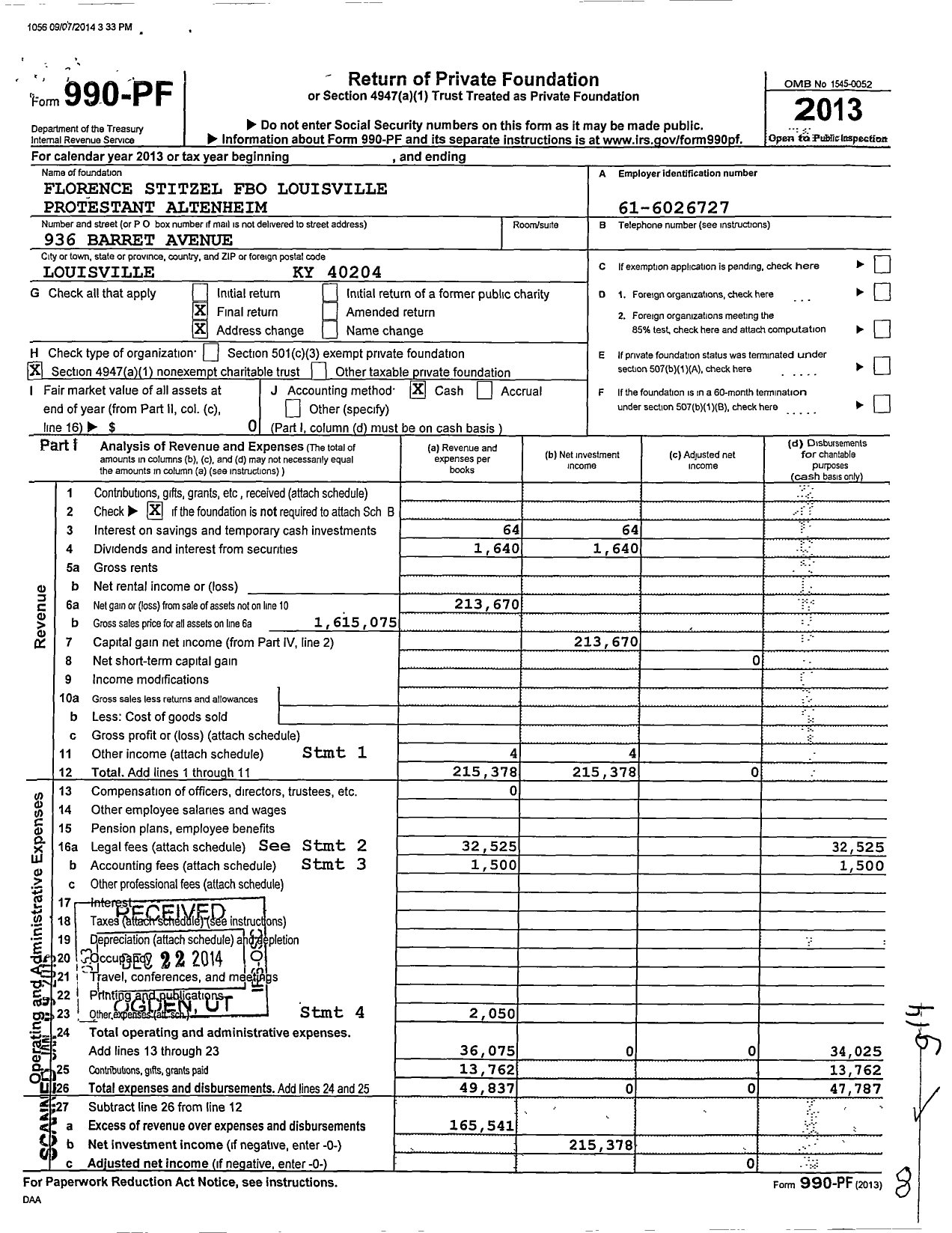 Image of first page of 2013 Form 990PF for Florence Stitzel Fbo Louisville Protestant Altenheim