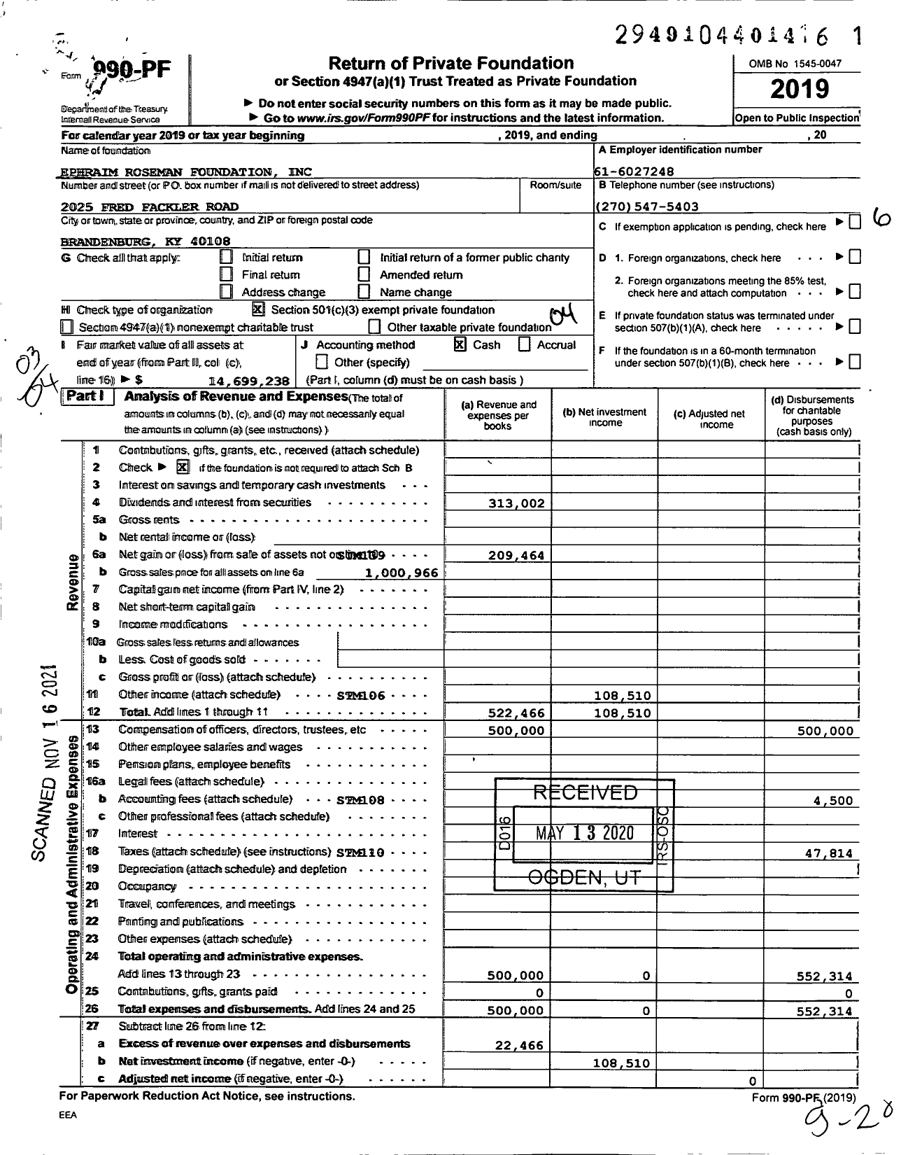 Image of first page of 2019 Form 990PF for Ephraim Roseman Foundation