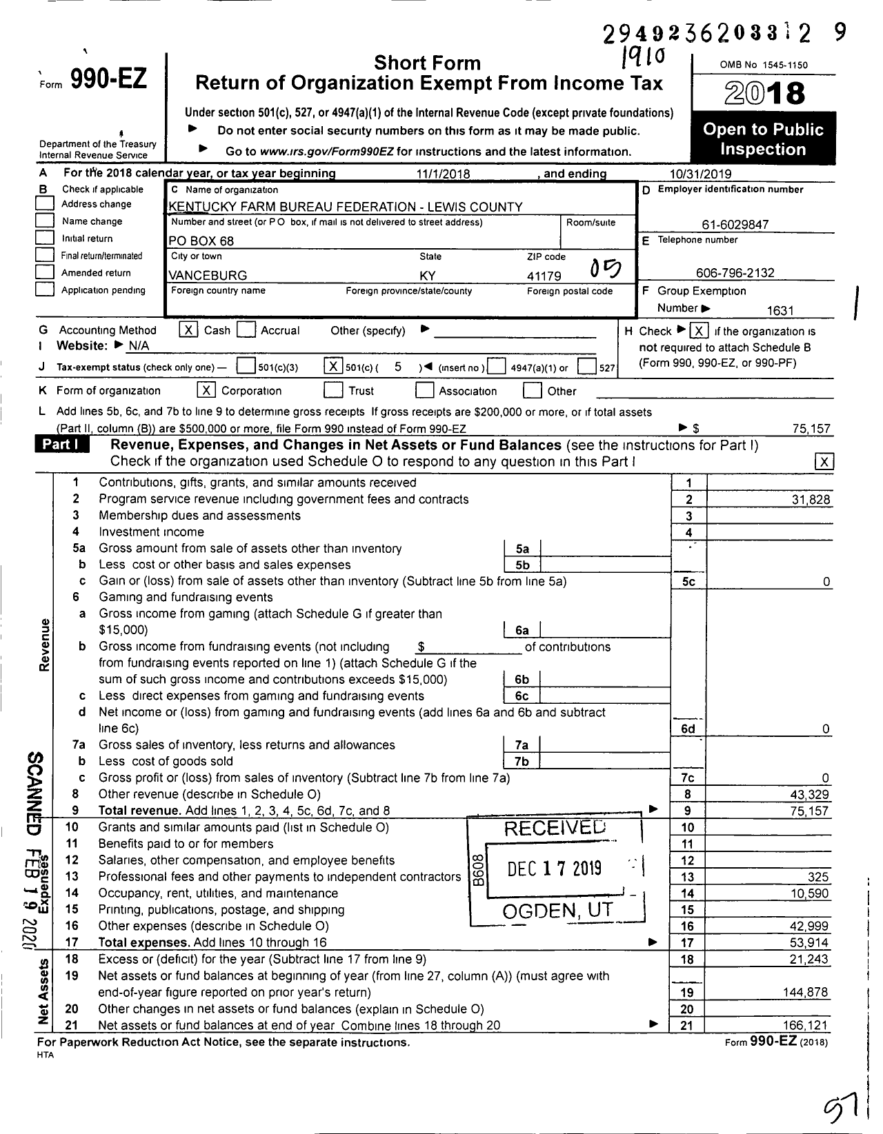 Image of first page of 2018 Form 990EO for Kentucky Farm Bureau Federation - Lewis County Farm Bureau