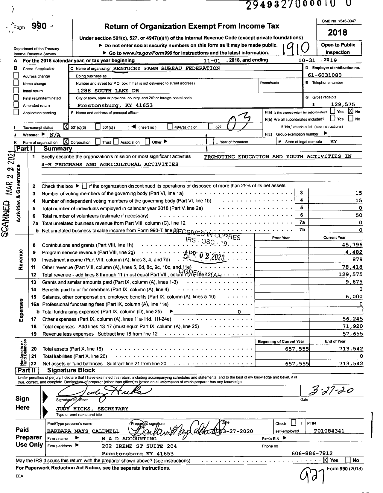 Image of first page of 2018 Form 990 for Kentucky Farm Bureau Federation - Floyd County Farm Bureau