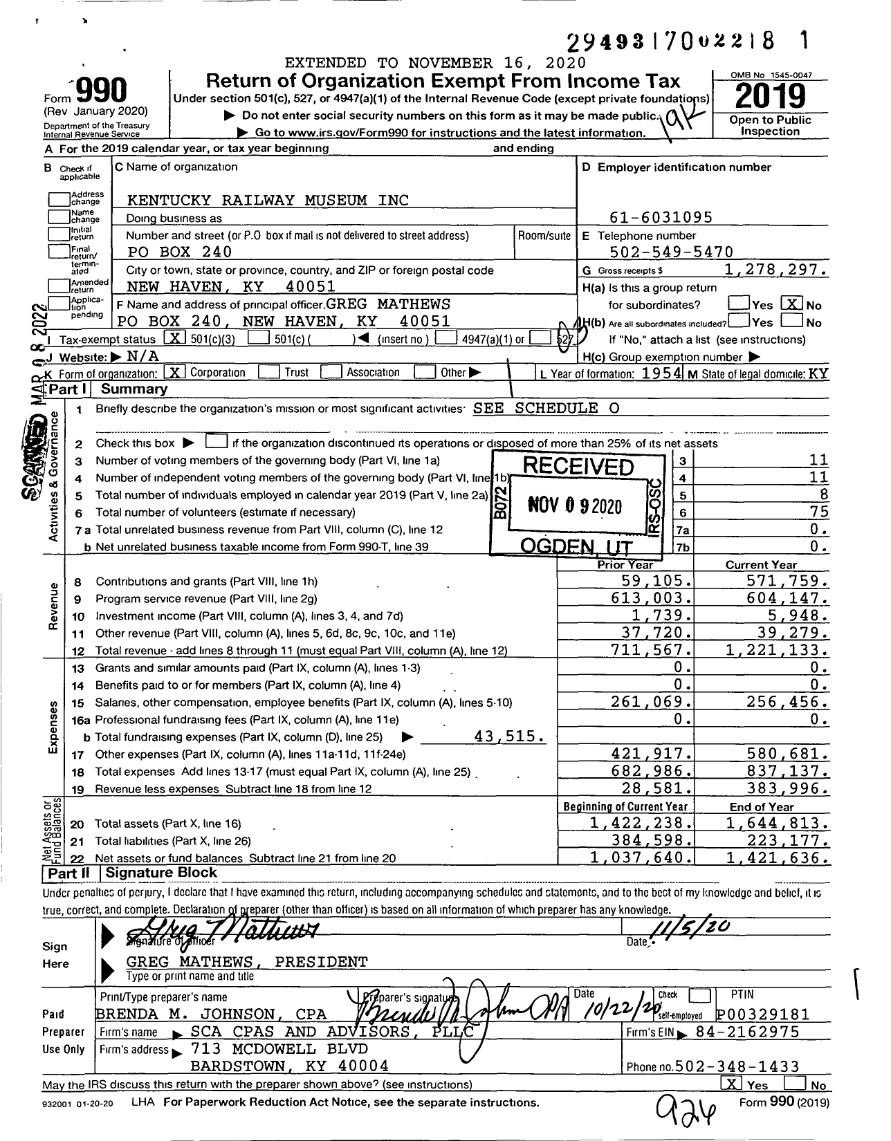 Image of first page of 2019 Form 990 for Kentucky Railway Museum