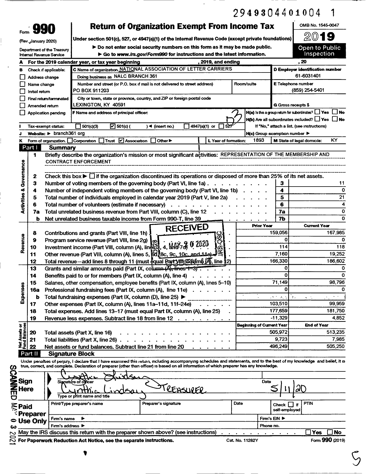 Image of first page of 2019 Form 990 for National Association of Letter Carriers - Branch 361