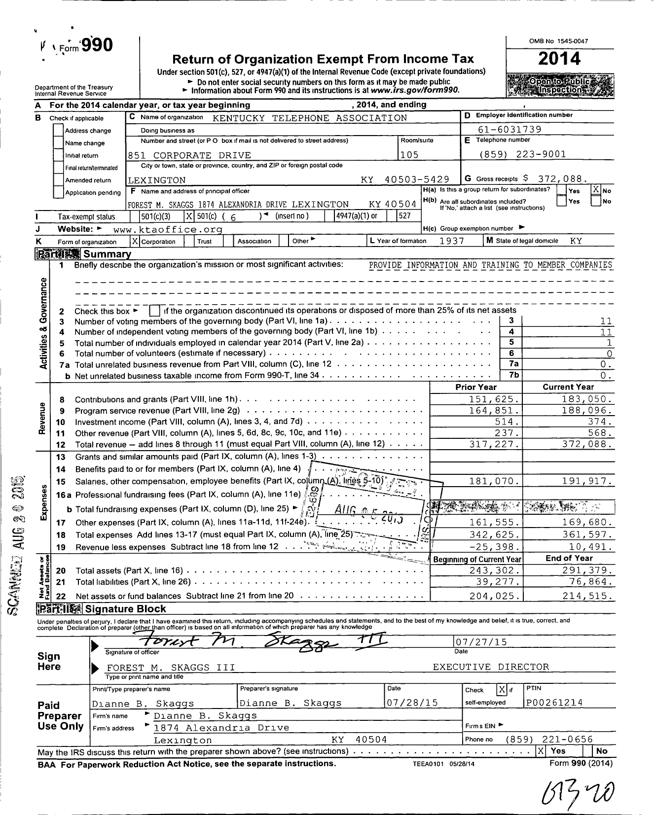 Image of first page of 2014 Form 990O for Kentucky Telephone Association