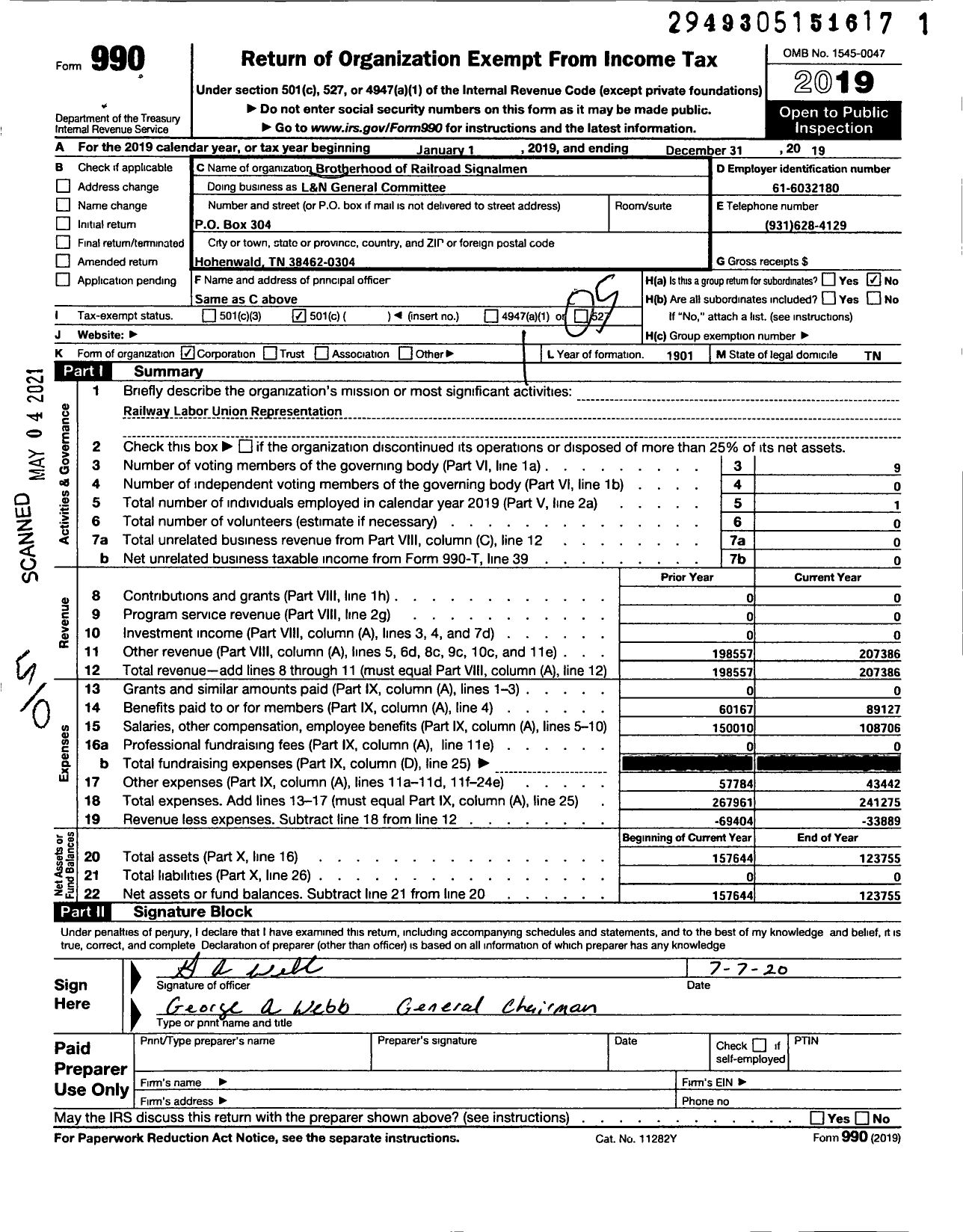 Image of first page of 2019 Form 990O for Brotherhood of Railroad Signalmen - L&N General Committee