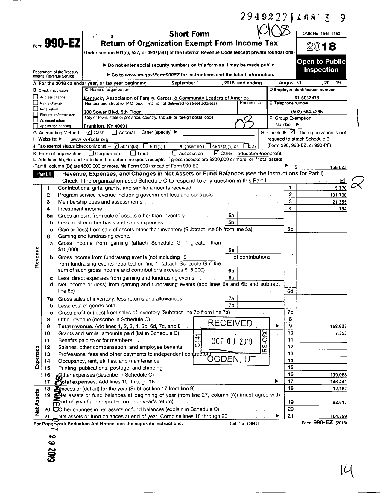 Image of first page of 2018 Form 990EZ for Kentucky Association Family Career