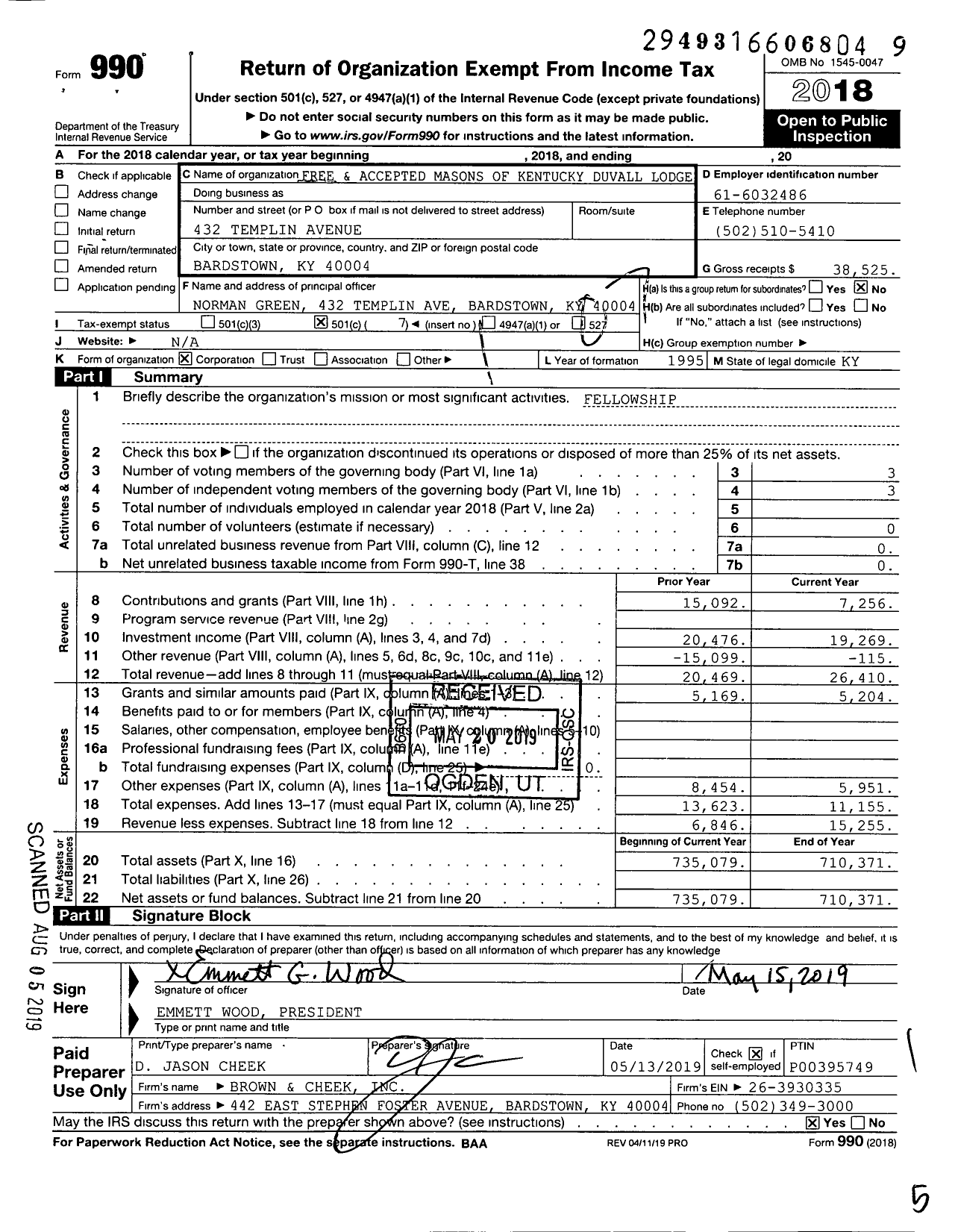 Image of first page of 2018 Form 990O for Free and Accepted Masons of Kentucky - 6 Lodge Duvall