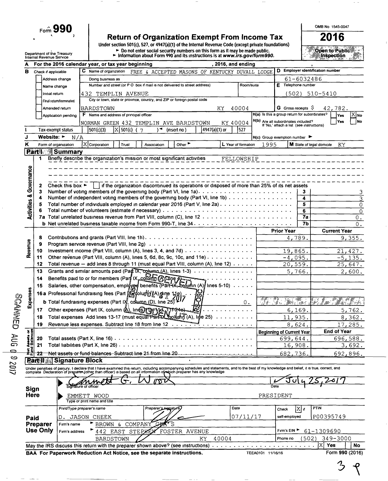 Image of first page of 2016 Form 990O for Free and Accepted Masons of Kentucky - 6 Lodge Duvall