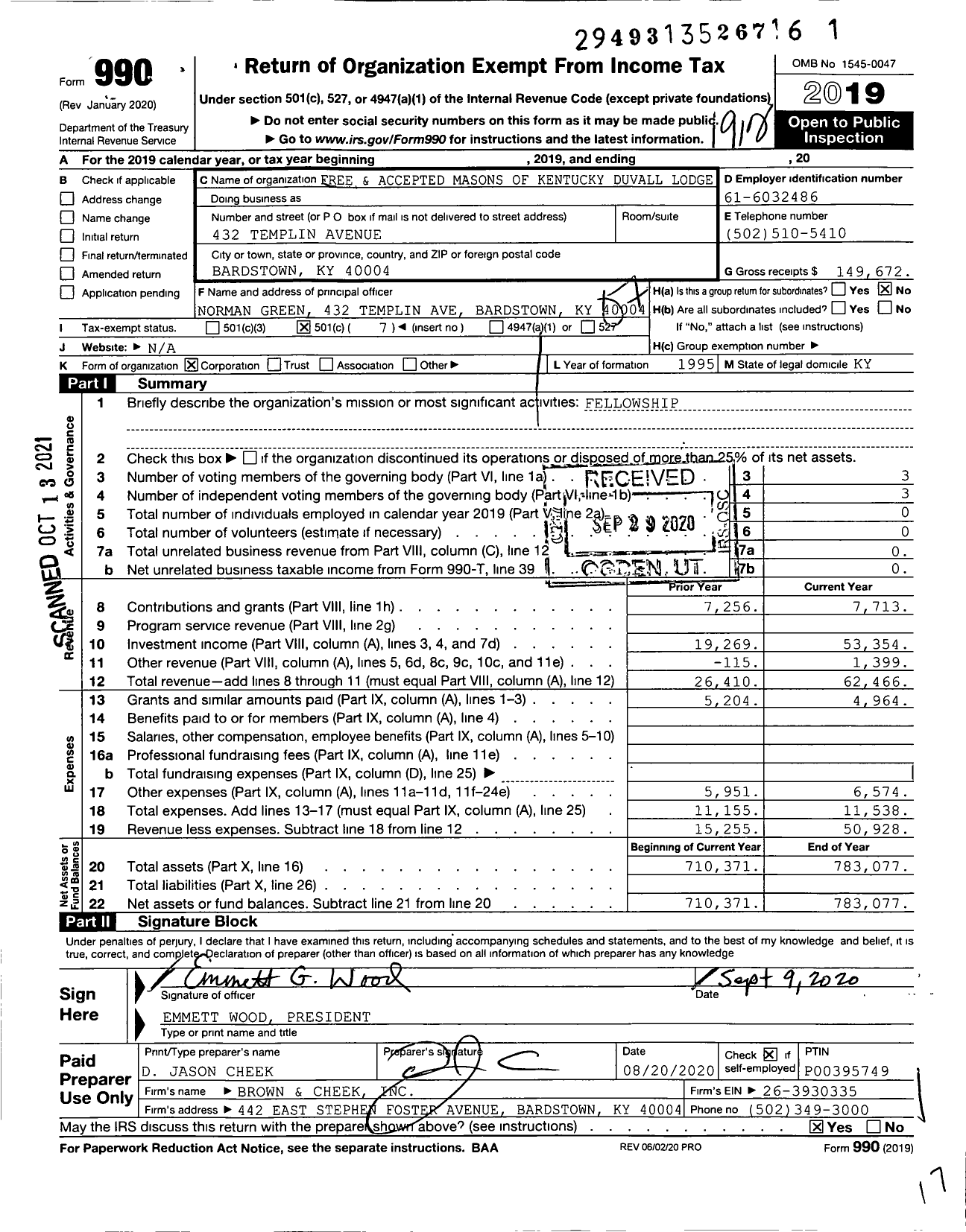 Image of first page of 2019 Form 990O for Free and Accepted Masons of Kentucky - 6 Lodge Duvall