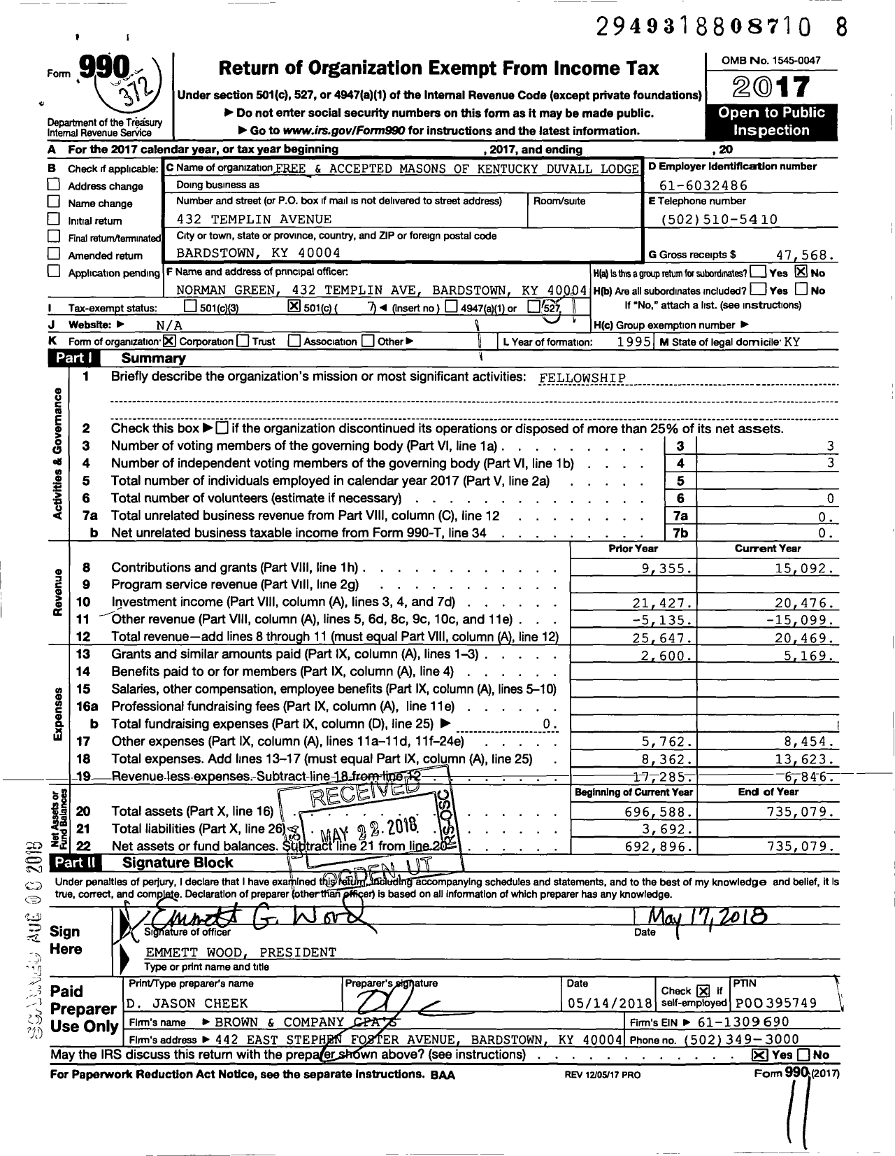 Image of first page of 2017 Form 990O for Free and Accepted Masons of Kentucky - 6 Lodge Duvall