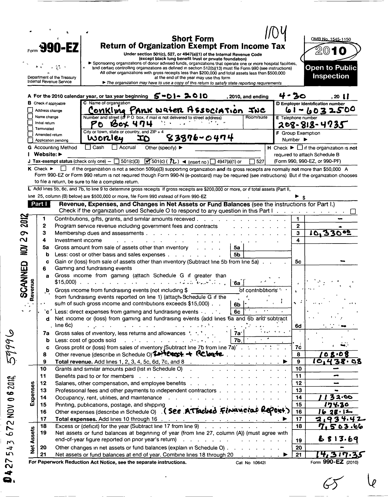 Image of first page of 2010 Form 990EO for Conkling Park Water Association