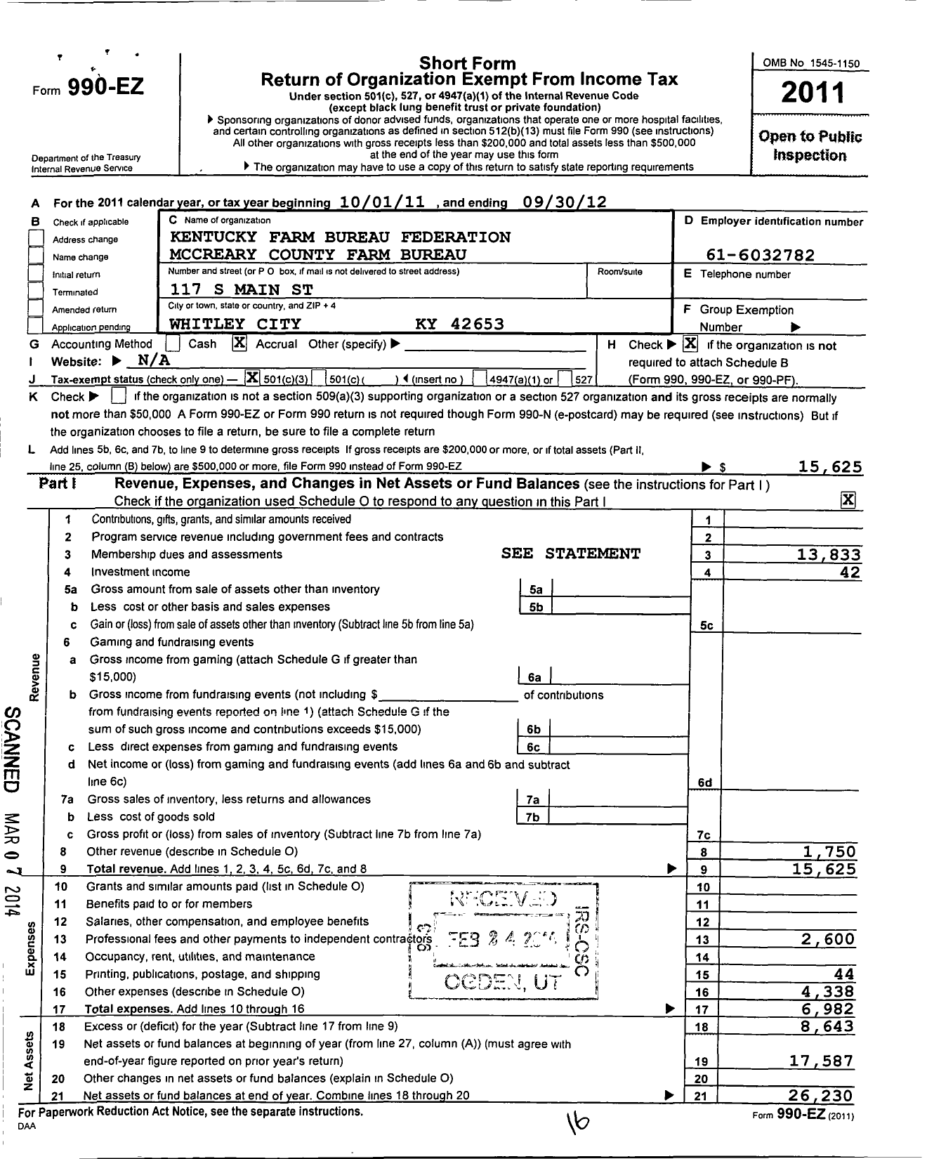 Image of first page of 2011 Form 990EZ for Kentucky Farm Bureau Federation - Mccreary County Farm Bureau