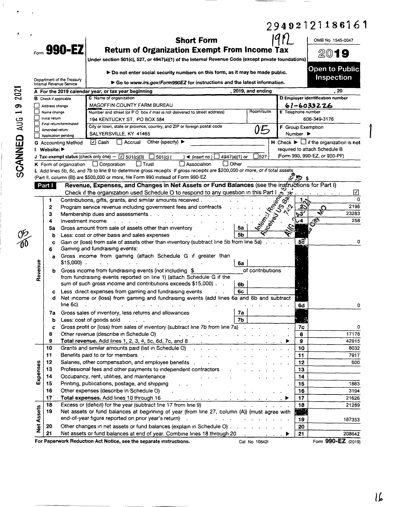 Image of first page of 2019 Form 990EO for Kentucky FARM BUREAU Federation - Magoffin County FARM BUREAU