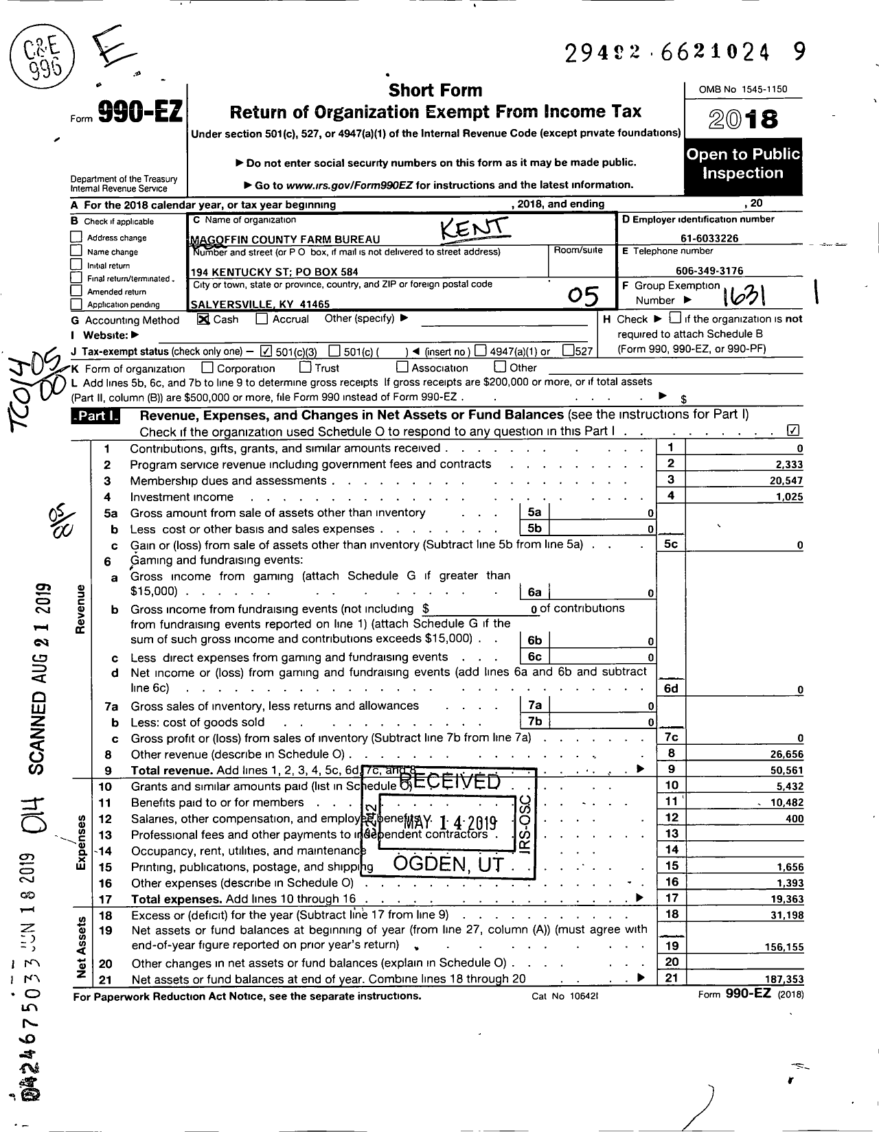 Image of first page of 2018 Form 990EO for Kentucky FARM BUREAU Federation - Magoffin County FARM BUREAU