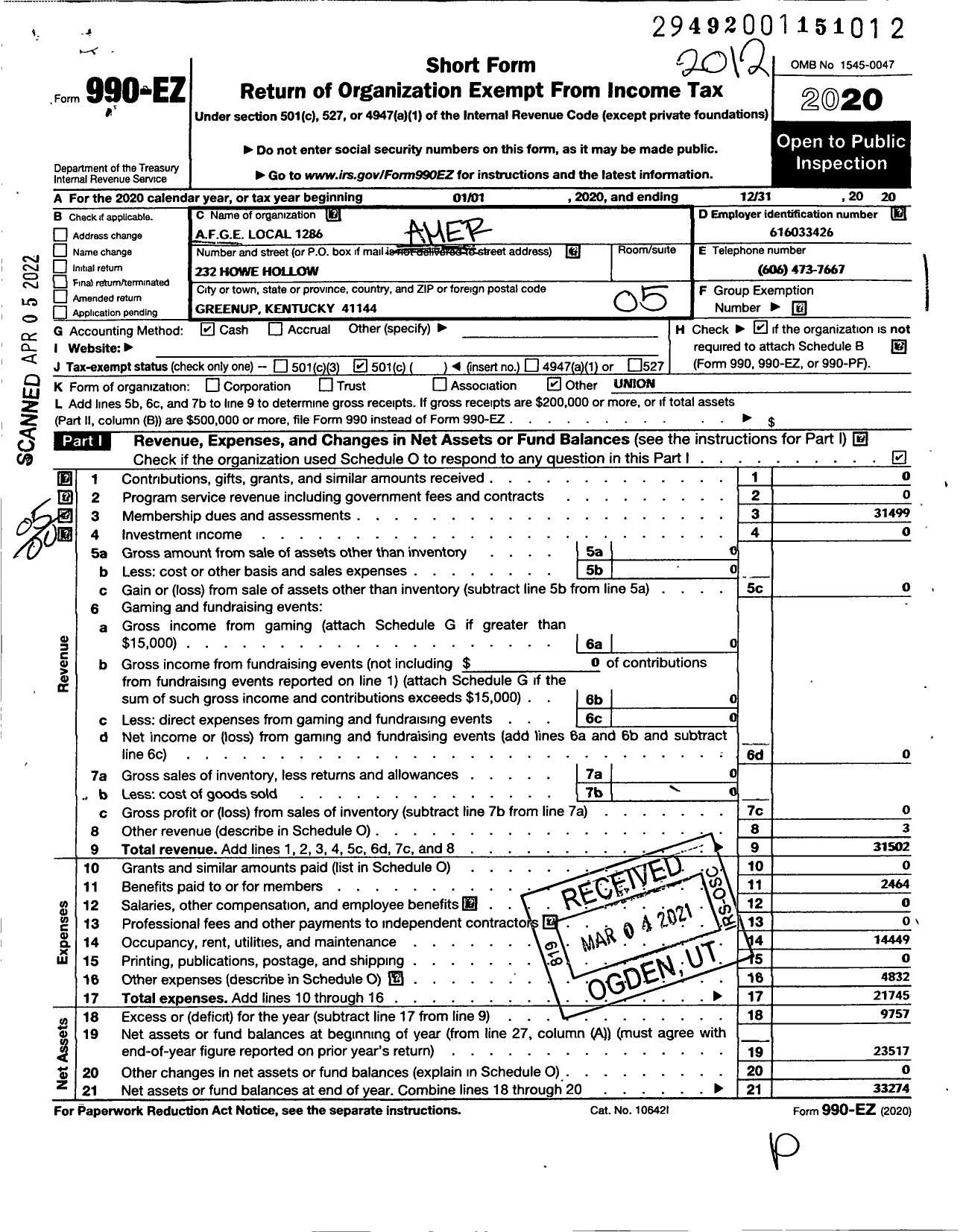 Image of first page of 2020 Form 990EO for American Federation of Government Employees - 1286 Afge Bop Local