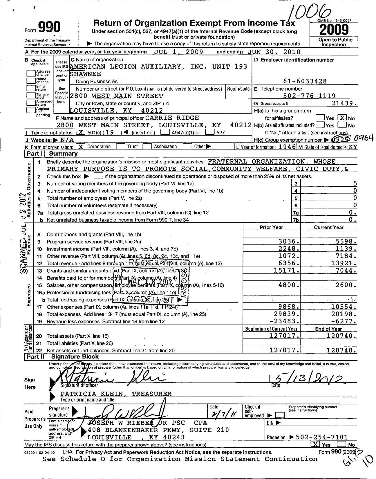 Image of first page of 2009 Form 990O for American Legion Auxiliary - 193 Shawnee