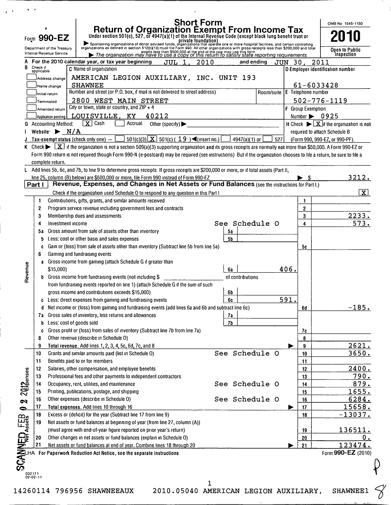 Image of first page of 2010 Form 990EO for American Legion Auxiliary - 193 Shawnee