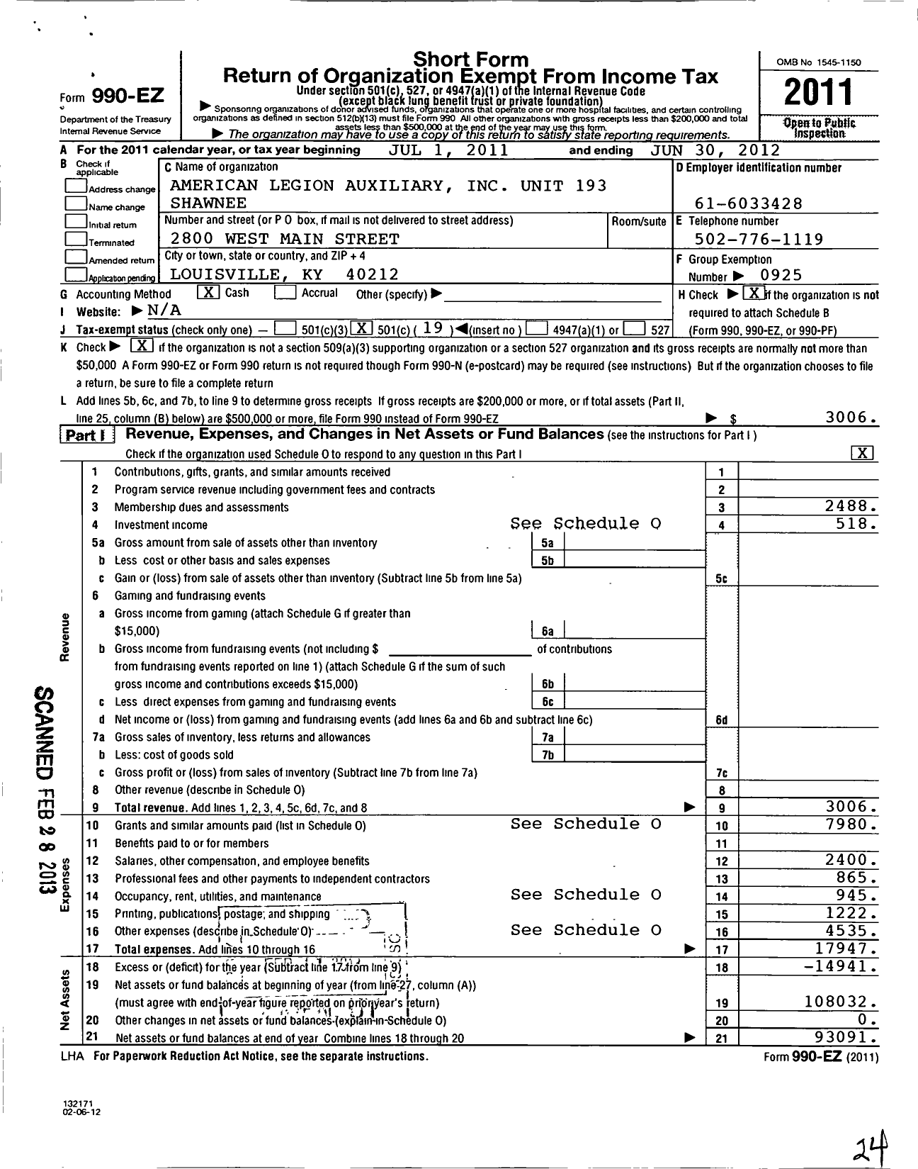 Image of first page of 2011 Form 990EO for American Legion Auxiliary - 193 Shawnee