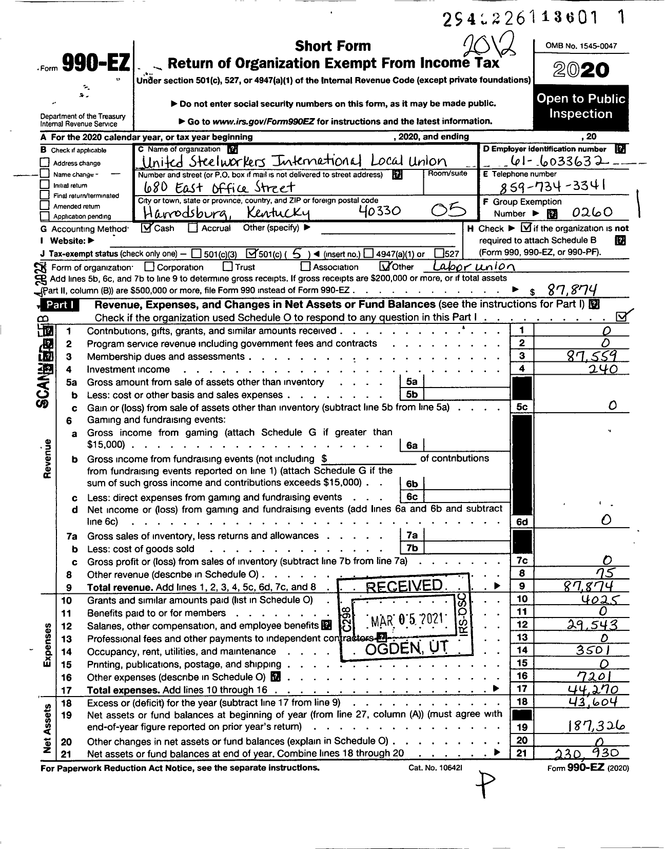 Image of first page of 2020 Form 990EO for United Steelworkers - 1016T Fgwu