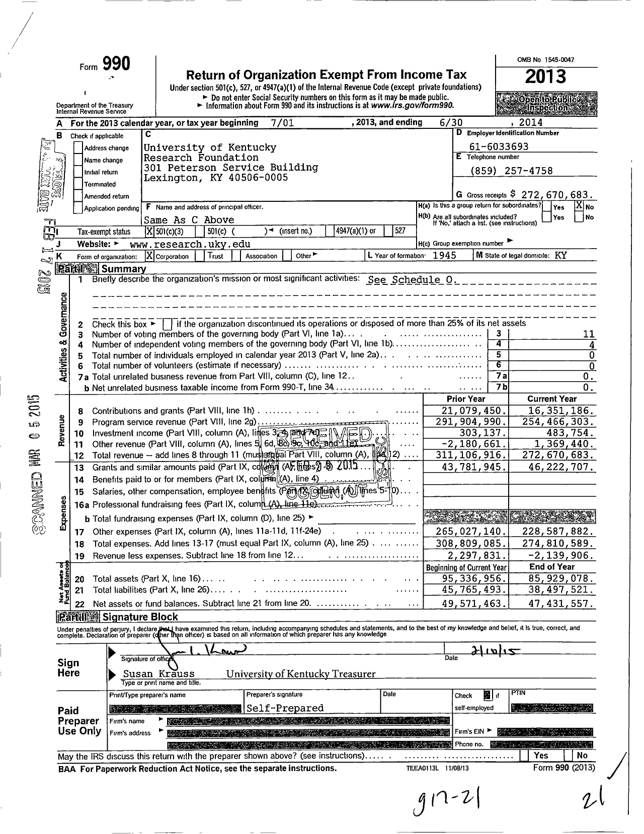 Image of first page of 2013 Form 990 for University of Kentucky Research Foundation