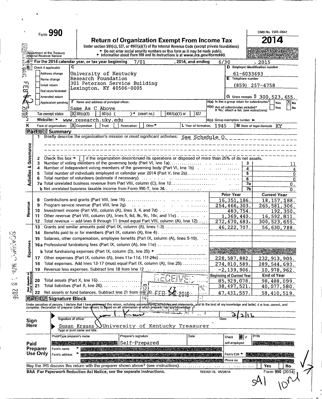 Image of first page of 2014 Form 990 for University of Kentucky Research Foundation