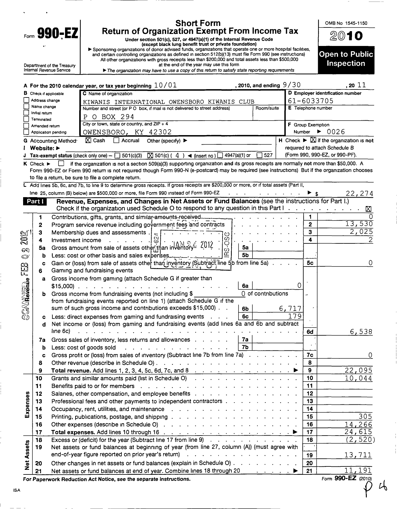 Image of first page of 2010 Form 990EO for Kiwanis International - K02343 Owensboro