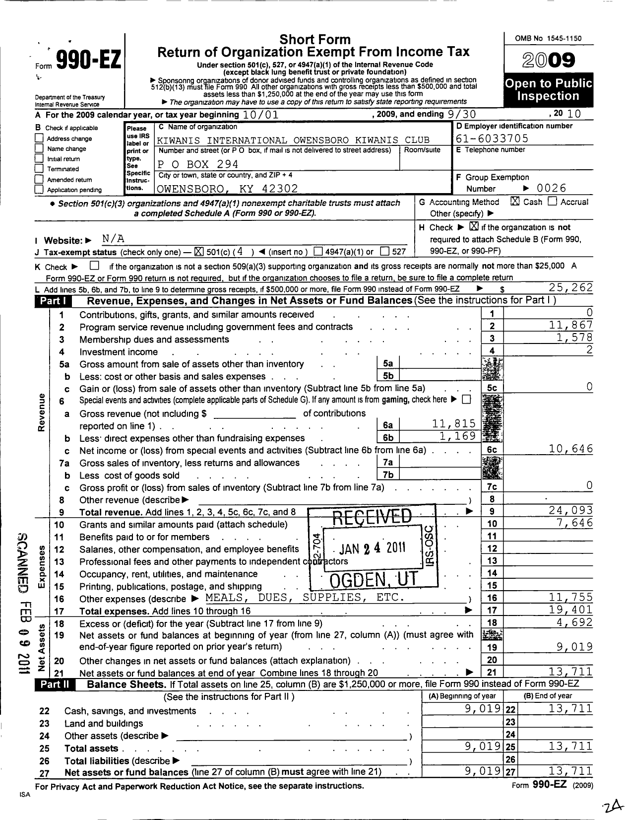 Image of first page of 2009 Form 990EO for Kiwanis International - K02343 Owensboro