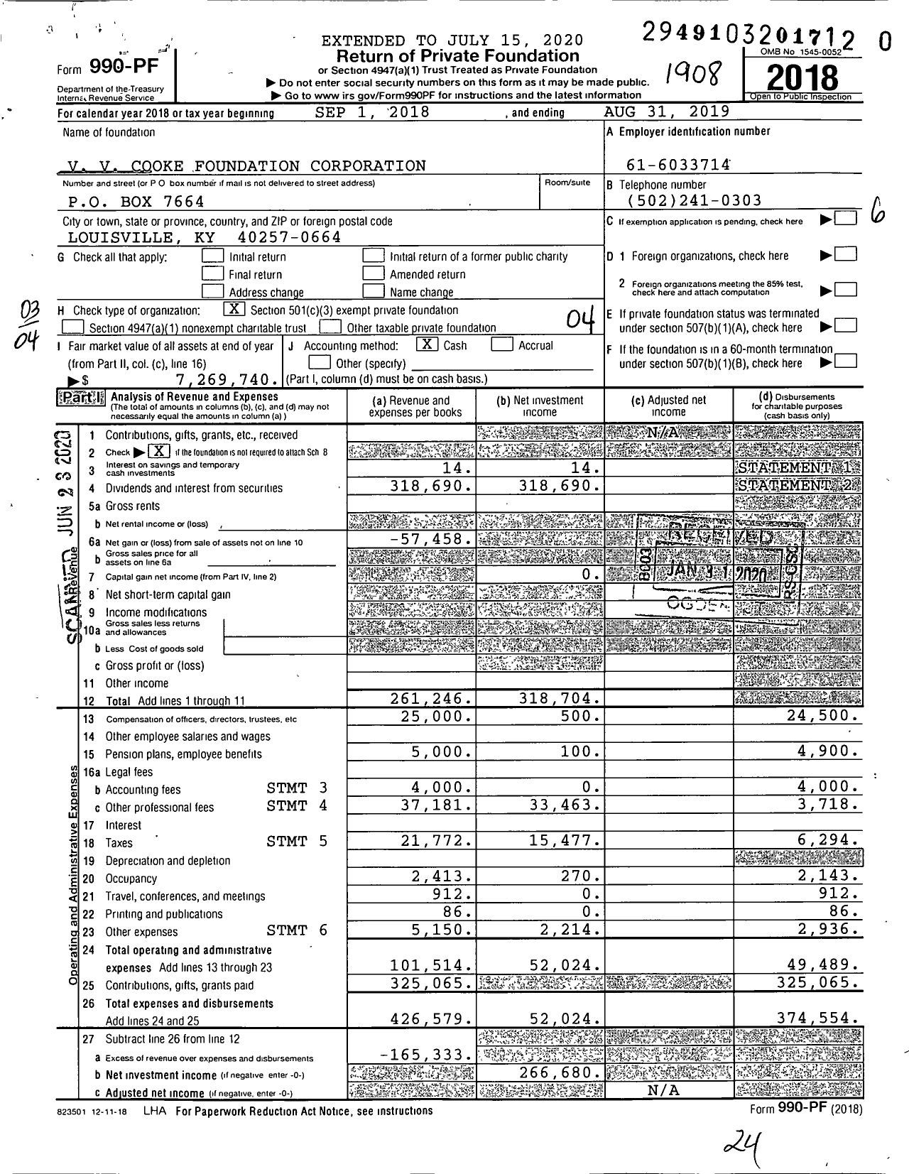 Image of first page of 2018 Form 990PR for V V Cooke Foundation Corporation