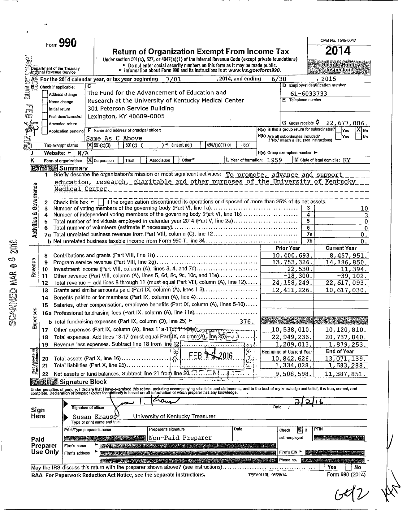 Image of first page of 2014 Form 990 for The Fund for the Advancement of Education and Research at University of Kentucky Medical