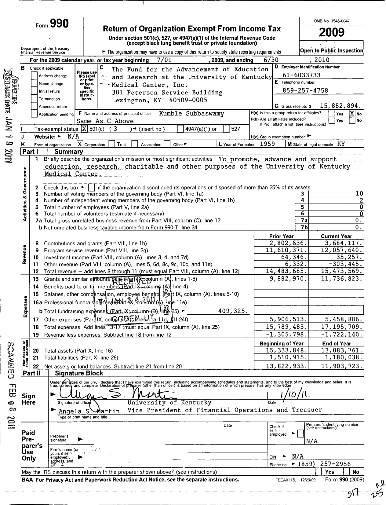 Image of first page of 2009 Form 990 for The Fund for the Advancement of Education and Research at University of Kentucky Medical