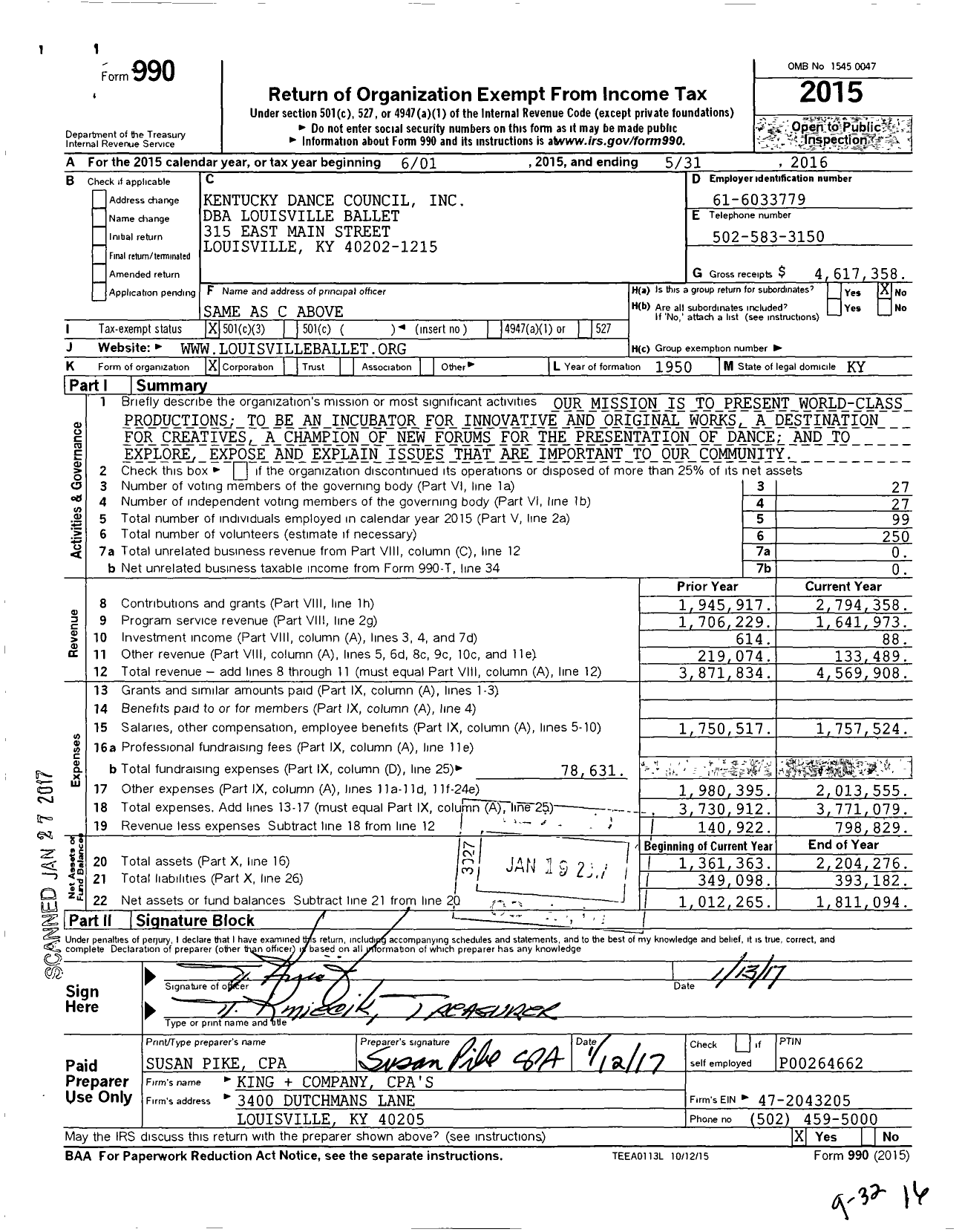 Image of first page of 2015 Form 990 for Louisville Ballet
