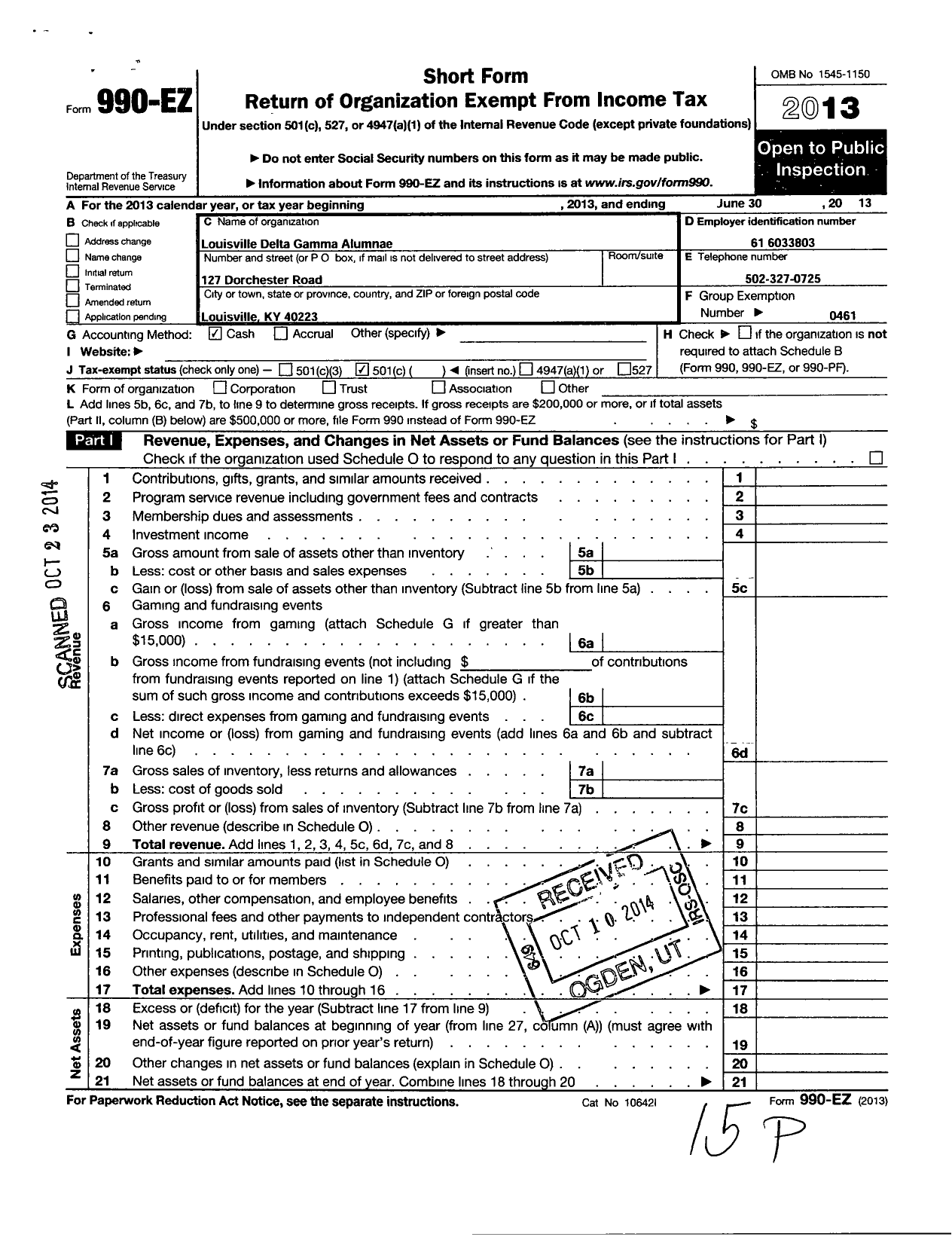 Image of first page of 2012 Form 990EO for Delta Gamma Fraternity / Louisville Alumnae Chapter