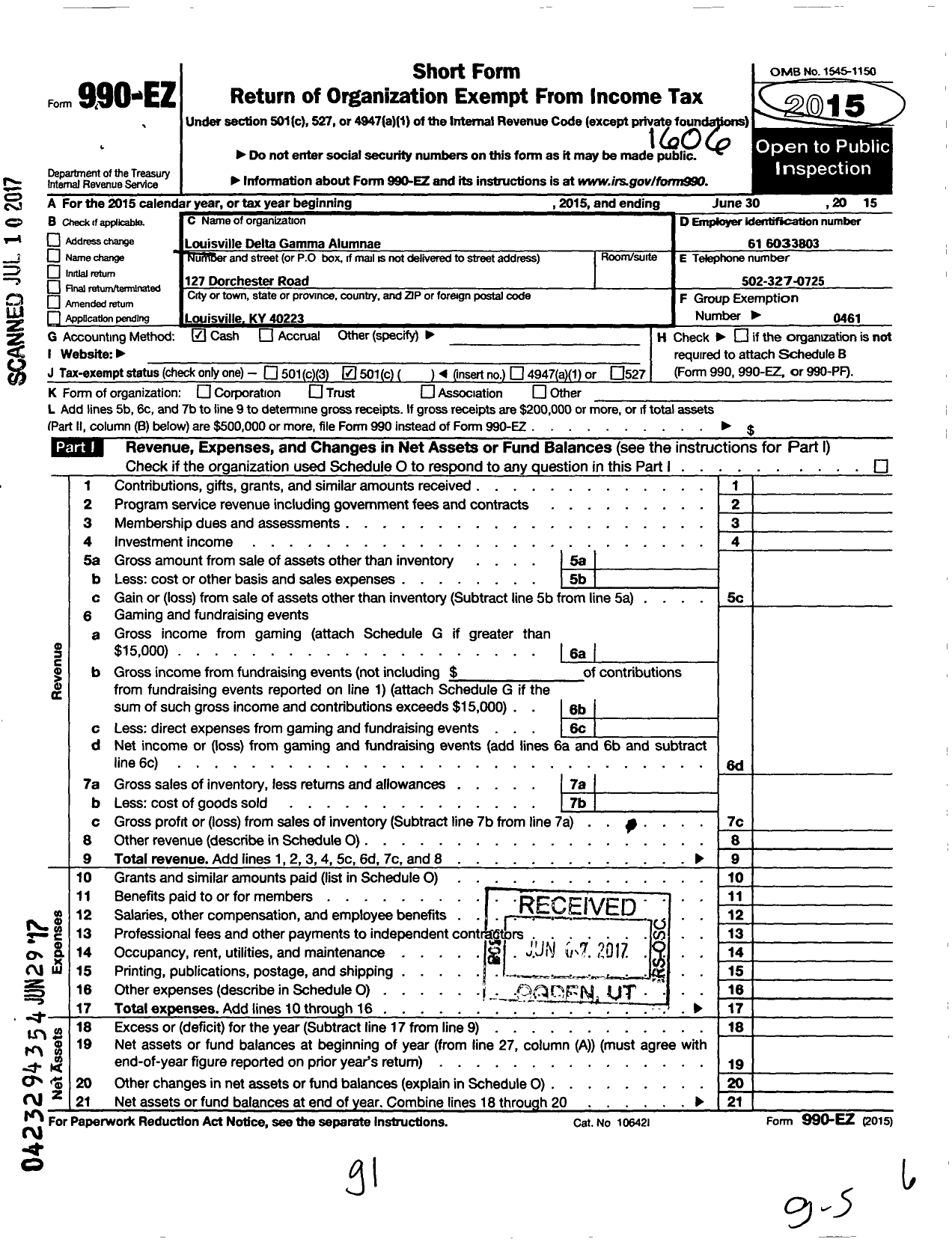 Image of first page of 2015 Form 990EO for Delta Gamma Fraternity / Louisville Alumnae Chapter