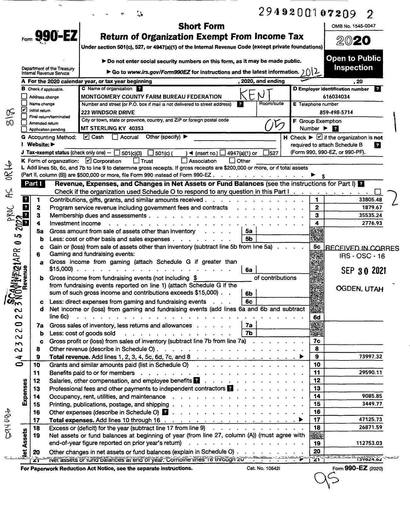 Image of first page of 2020 Form 990EO for Kentucky Farm Bureau Federation - Montgomery County Farm Bureau