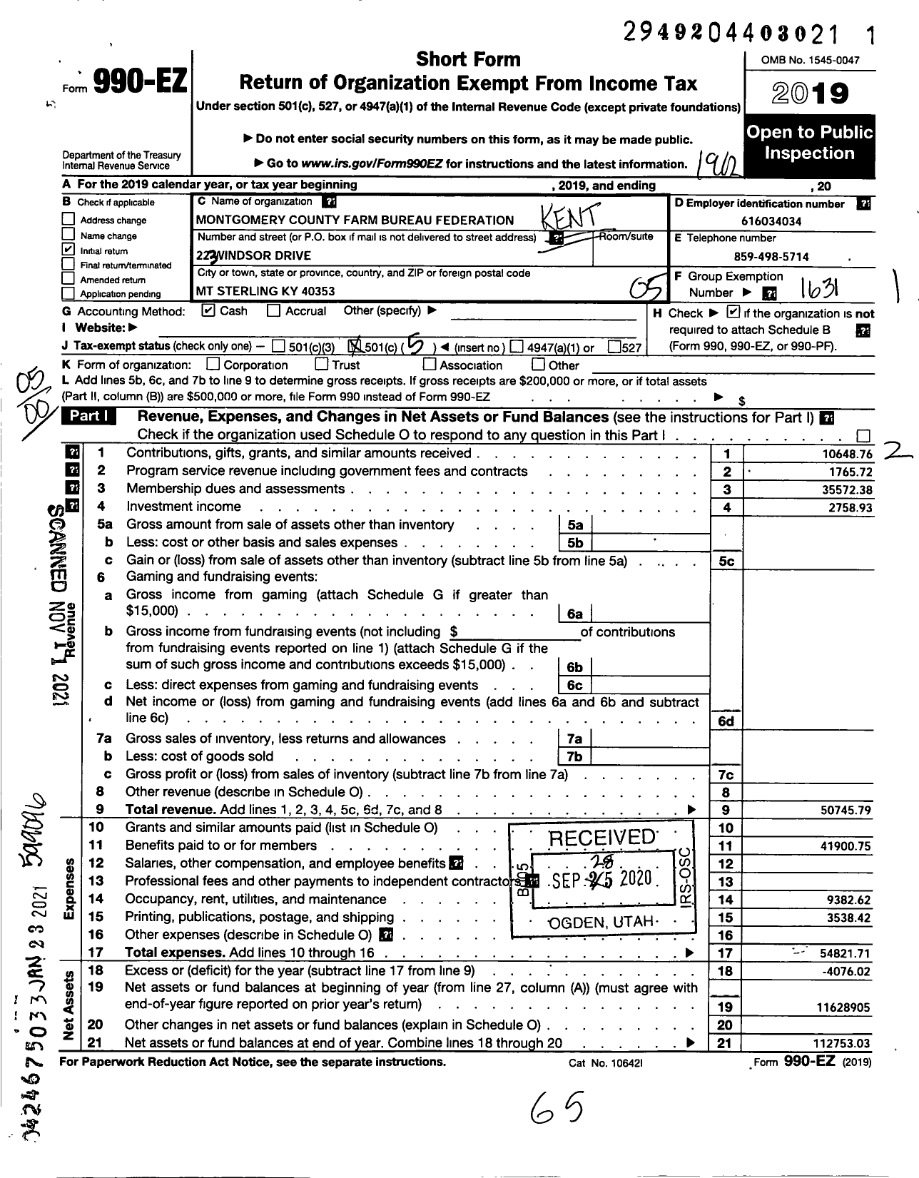 Image of first page of 2019 Form 990EO for Kentucky Farm Bureau Federation - Montgomery County Farm Bureau