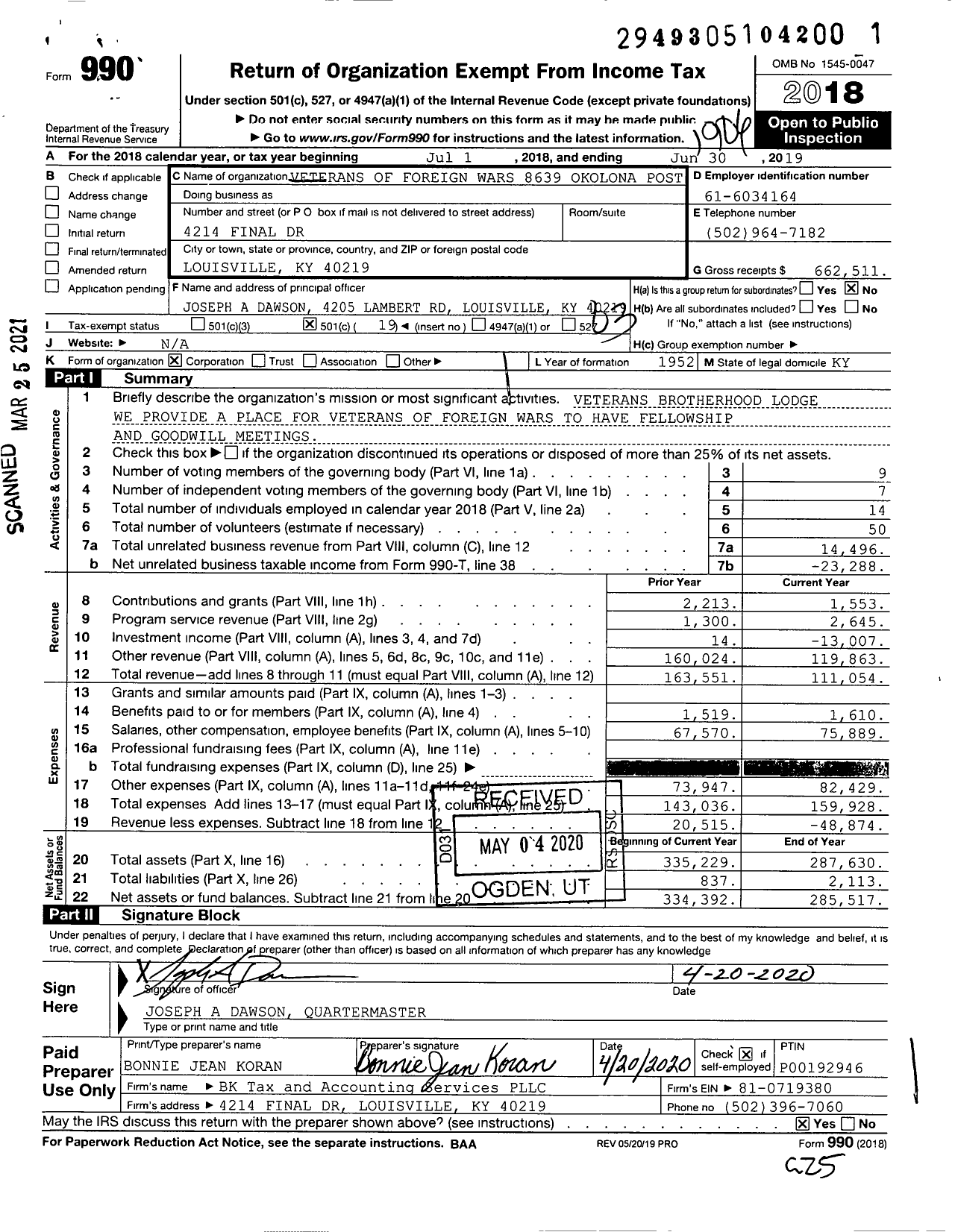 Image of first page of 2018 Form 990 for Veterans of Foreign Wars Department of Kentucky - 8639 Okolona Post