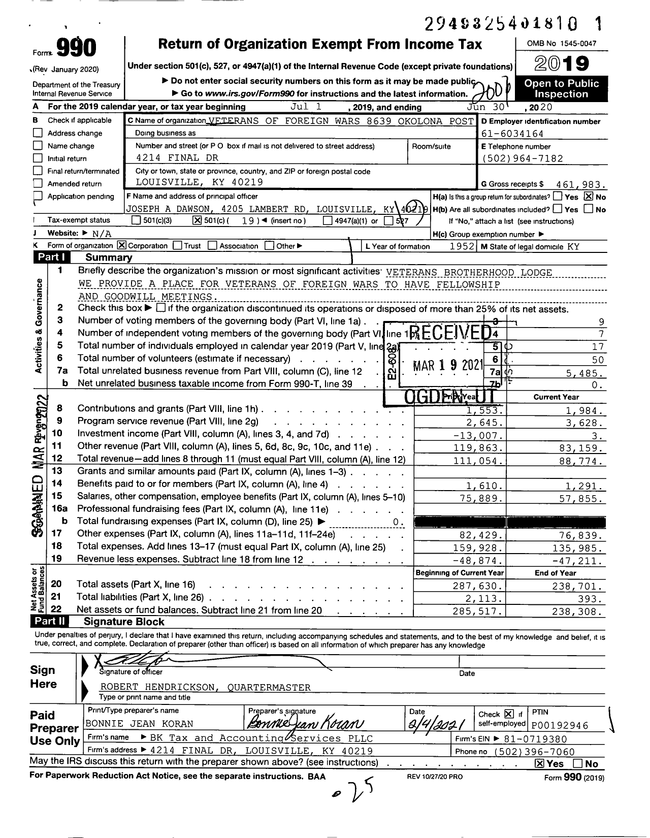 Image of first page of 2019 Form 990O for Veterans of Foreign Wars Department of Kentucky - 8639 Okolona Post