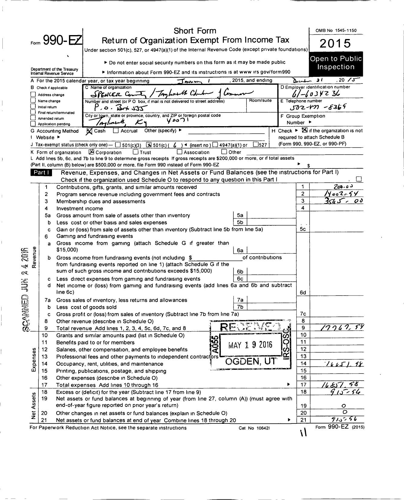 Image of first page of 2015 Form 990EO for Spencer County - Taylorsville Chamber of Commerce