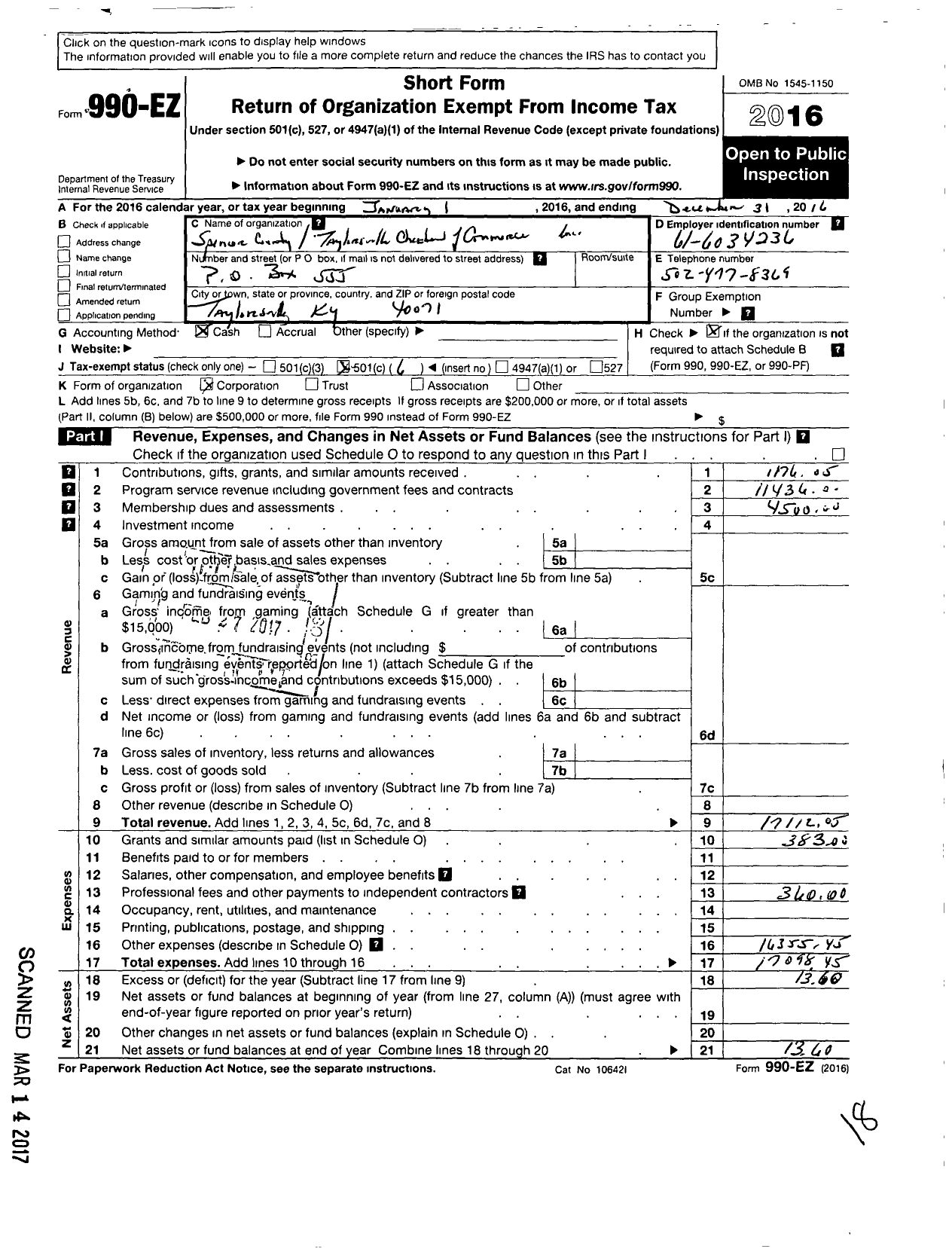 Image of first page of 2016 Form 990EO for Spencer County - Taylorsville Chamber of Commerce