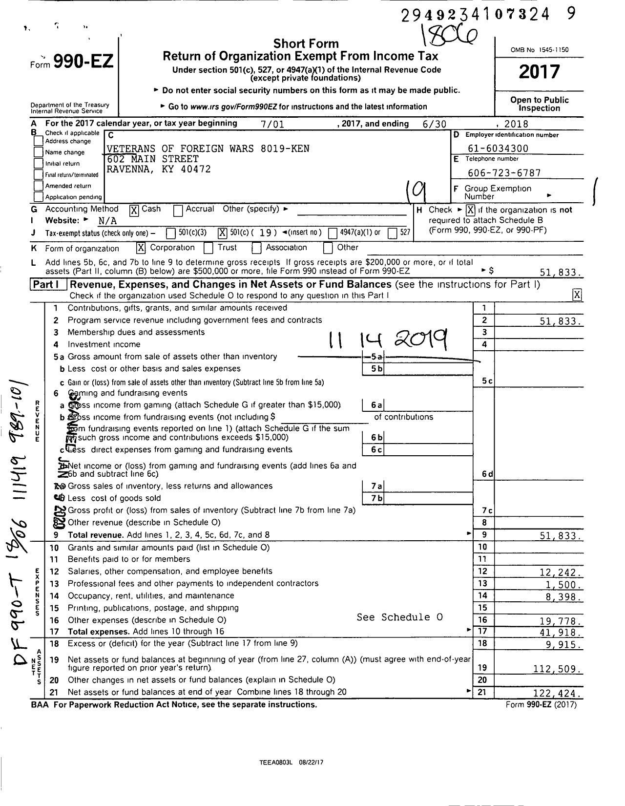 Image of first page of 2017 Form 990EO for Veterans of Foreign Wars Dept of Kentucky - 8019 Vfw-Ken