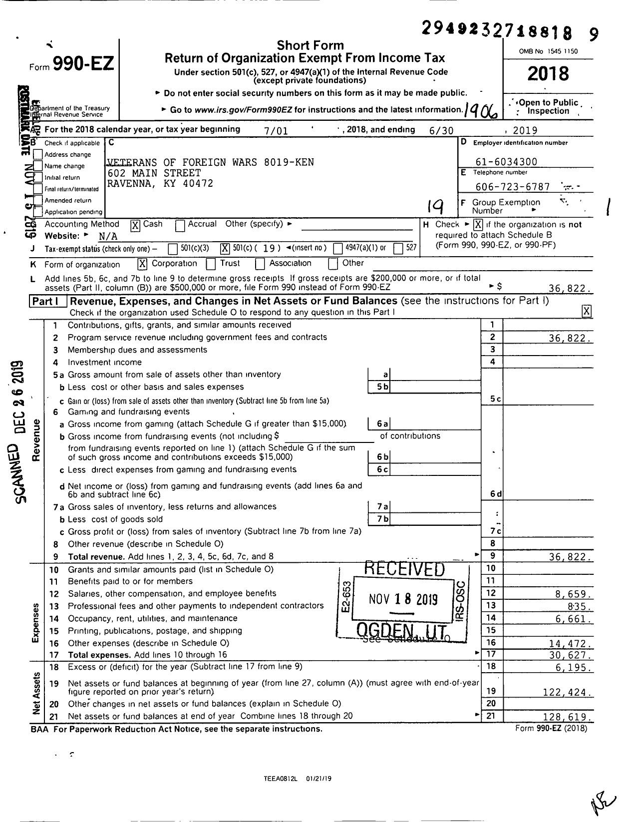 Image of first page of 2018 Form 990EO for Veterans of Foreign Wars Dept of Kentucky - 8019 Vfw-Ken