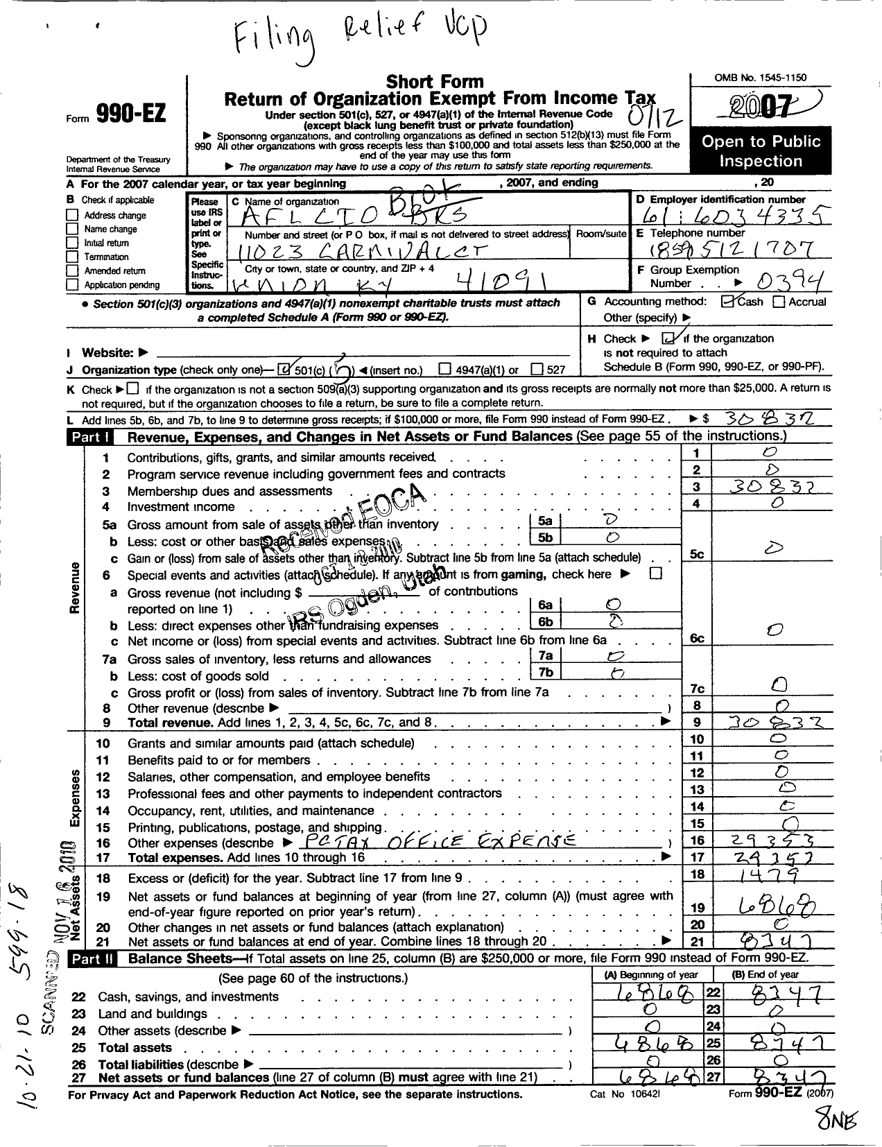 Image of first page of 2007 Form 990EO for Brotherhood of Railroad Signalmen - 176 Latonia Local