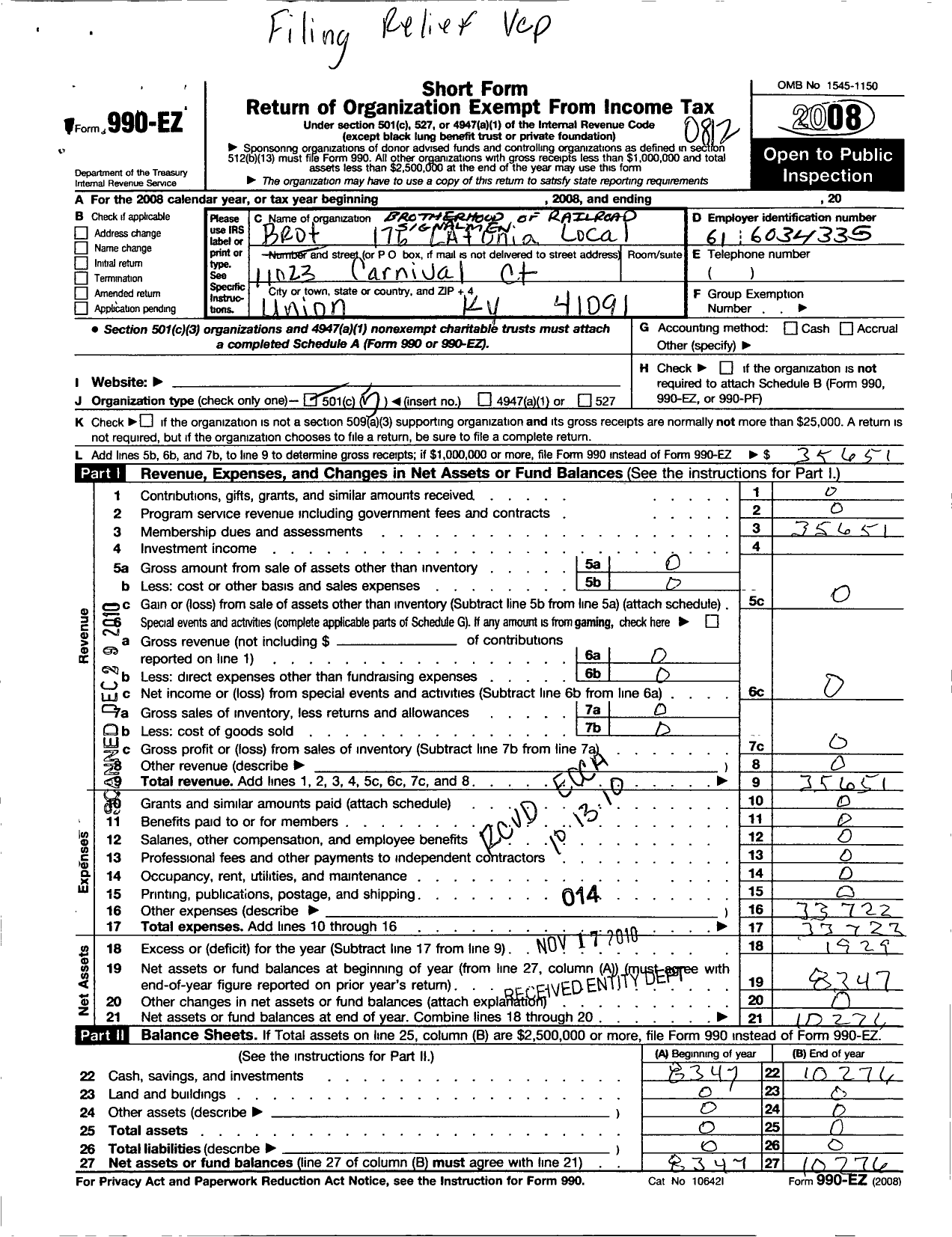 Image of first page of 2008 Form 990EO for Brotherhood of Railroad Signalmen - 176 Latonia Local