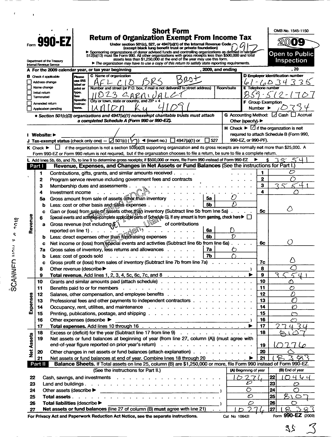 Image of first page of 2009 Form 990EO for Brotherhood of Railroad Signalmen - 176 Latonia Local