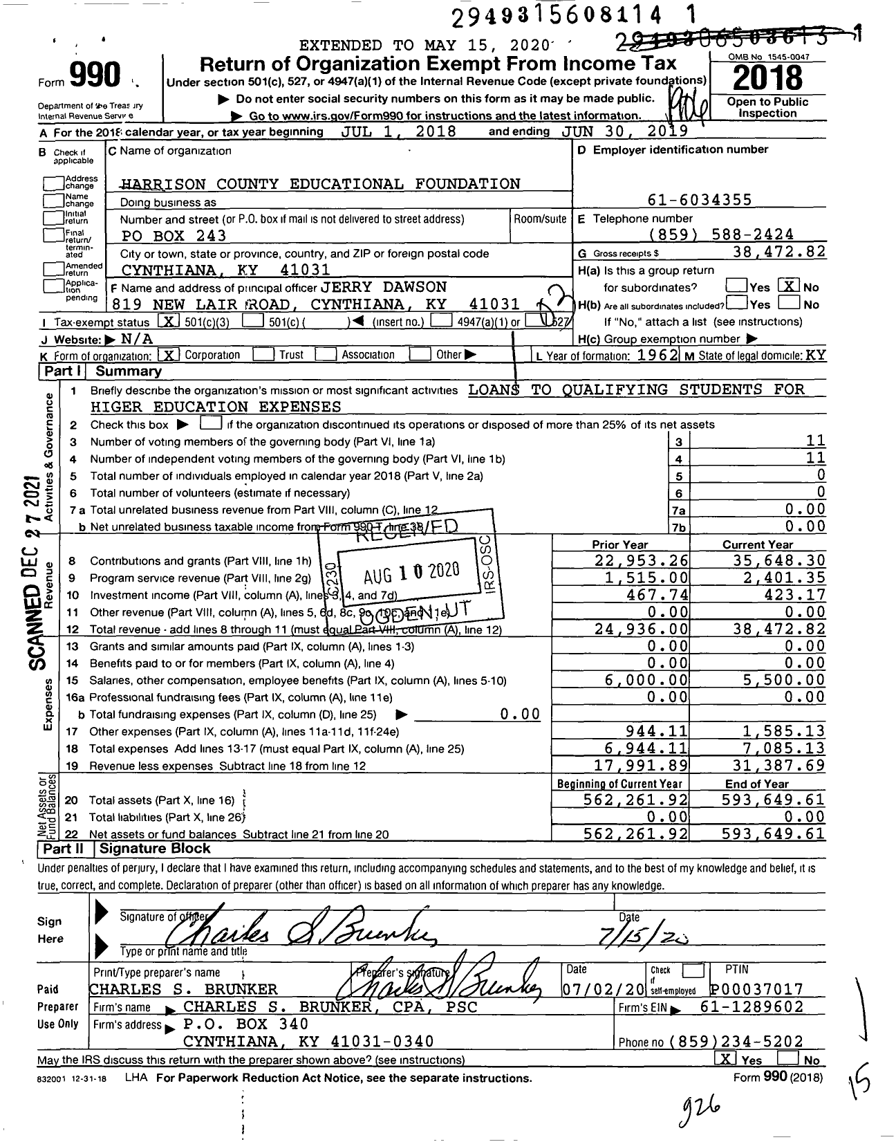 Image of first page of 2018 Form 990 for Harrison County Educational Foundation